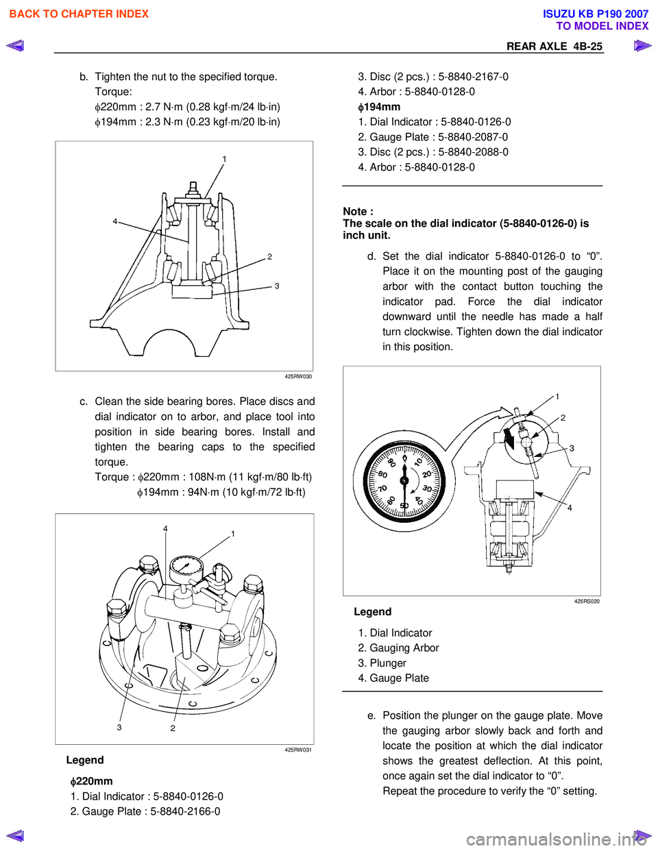 ISUZU KB P190 2007  Workshop Repair Manual REAR AXLE  4B-25 
b.  Tighten the nut to the specified torque.  
 Torque:  
  φ220mm : 2.7 N ⋅m (0.28 kgf ⋅m/24 lb ⋅in) 
  φ194mm : 2.3 N ⋅m (0.23 kgf ⋅m/20 lb ⋅in) 
   
 
 
425RW 030
 
