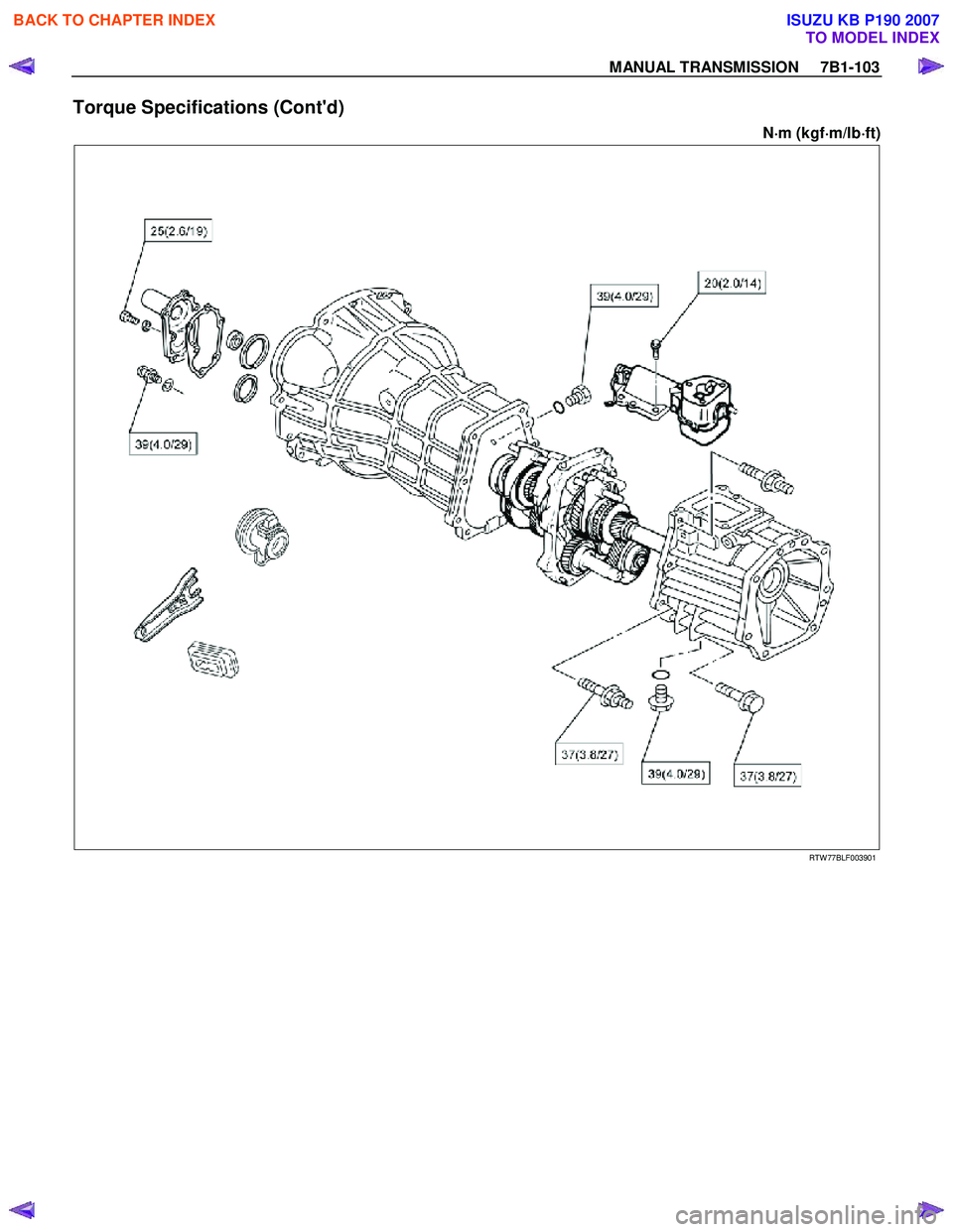 ISUZU KB P190 2007 Workshop Repair Manual MANUAL TRANSMISSION 7B1-103
Torque Specifications (Contd)
N⋅
⋅⋅
⋅
m (kgf ⋅
⋅⋅
⋅
m/lb ⋅
⋅⋅
⋅
ft)
RTW 77BLF003901
BACK TO CHAPTER INDEX
TO MODEL INDE ISUZU KB P190 2007 Workshop Repair Manual MANUAL TRANSMISSION 7B1-103
Torque Specifications (Contd)
N⋅
⋅⋅
⋅
m (kgf ⋅
⋅⋅
⋅
m/lb ⋅
⋅⋅
⋅
ft)
RTW 77BLF003901
BACK TO CHAPTER INDEX
TO MODEL INDE