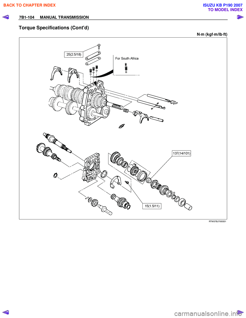 ISUZU KB P190 2007 Workshop Repair Manual 7B1-104 MANUAL TRANSMISSION
Torque Specifications (Contd)
N⋅
⋅⋅
⋅
m (kgf ⋅
⋅⋅
⋅
m/lb ⋅
⋅⋅
⋅
ft)
RTW 57BLF000301
BACK TO CHAPTER INDEX
TO MODEL INDEX
ISUZU ISUZU KB P190 2007 Workshop Repair Manual 7B1-104 MANUAL TRANSMISSION
Torque Specifications (Contd)
N⋅
⋅⋅
⋅
m (kgf ⋅
⋅⋅
⋅
m/lb ⋅
⋅⋅
⋅
ft)
RTW 57BLF000301
BACK TO CHAPTER INDEX
TO MODEL INDEX
ISUZU