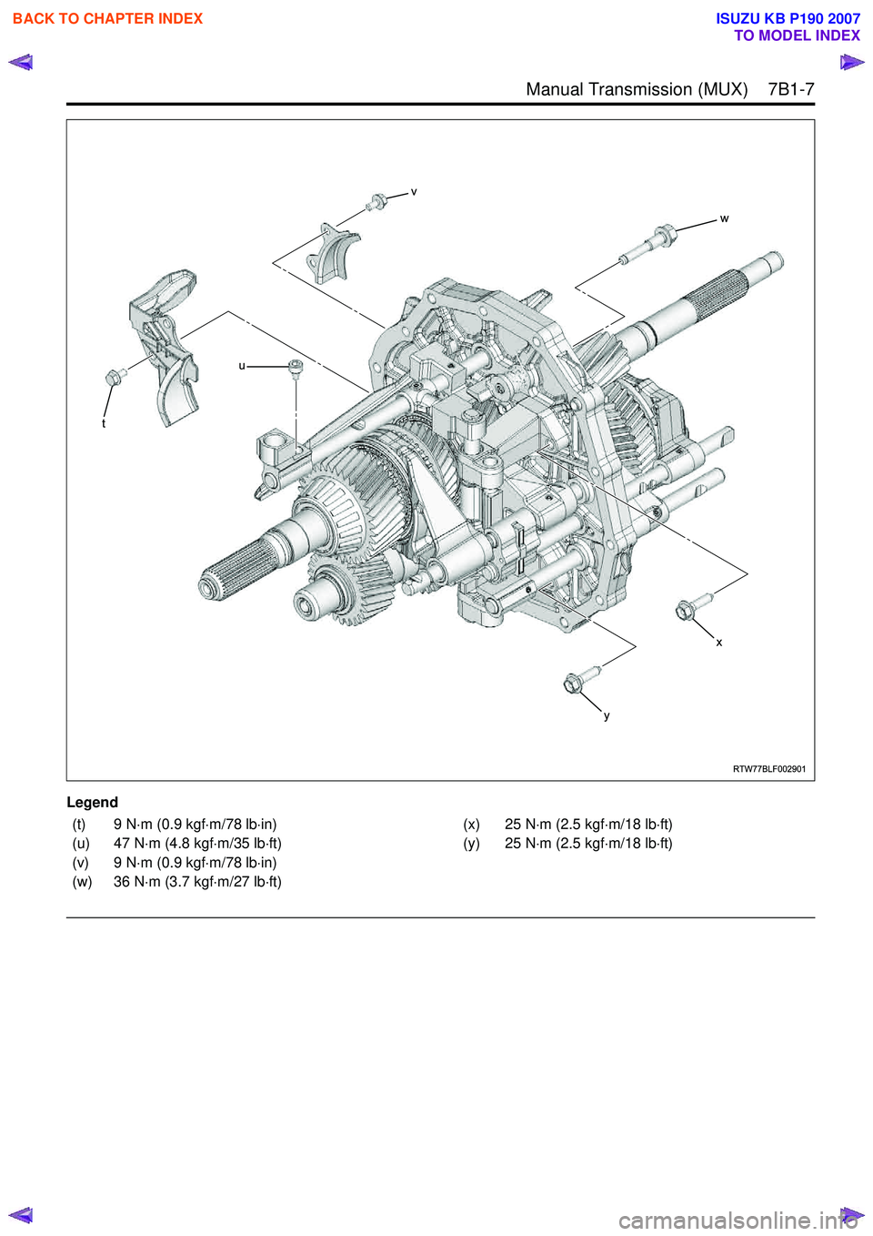ISUZU KB P190 2007 Workshop Repair Manual Manual Transmission (MUX) 7B1-7
Legend
RTW77BLF002901
t
u
v
w
y
x
(t) 9 N⋅m (0.9 kgf ⋅m/78 lb ⋅in)
(u) 47 N ⋅m (4.8 kgf ⋅m/35 lb ⋅ft)
(v) 9 N ⋅m (0.9 kgf ⋅m/78 lb ⋅in)
(w) 36 N ISUZU KB P190 2007 Workshop Repair Manual Manual Transmission (MUX) 7B1-7
Legend
RTW77BLF002901
t
u
v
w
y
x
(t) 9 N⋅m (0.9 kgf ⋅m/78 lb ⋅in)
(u) 47 N ⋅m (4.8 kgf ⋅m/35 lb ⋅ft)
(v) 9 N ⋅m (0.9 kgf ⋅m/78 lb ⋅in)
(w) 36 N