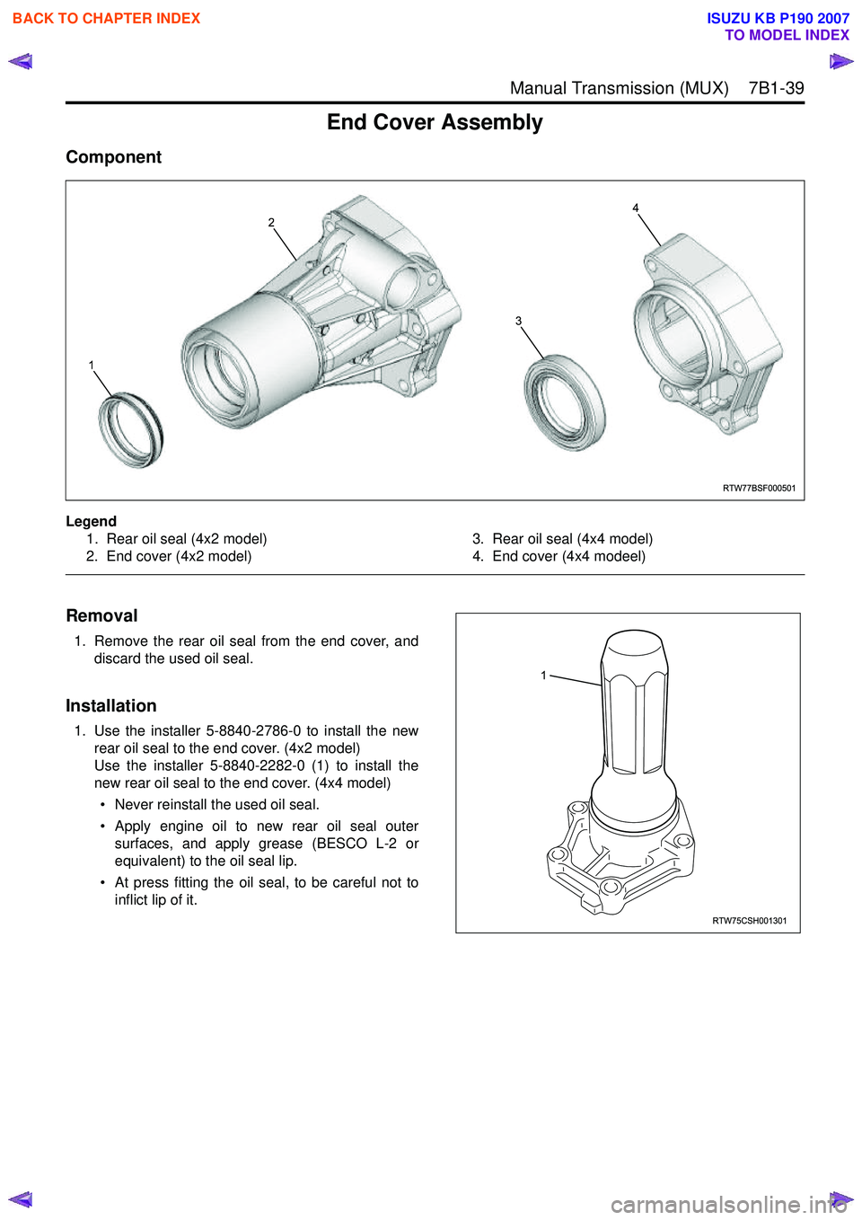 ISUZU KB P190 2007 Workshop Repair Manual Manual Transmission (MUX) 7B1-39
End Cover Assembly
Component
Legend1. Rear oil seal (4x2 model)
2. End cover (4x2 model) 3. Rear oil seal (4x4 model)
4. End cover (4x4 modeel)
Removal
1. Remov ISUZU KB P190 2007 Workshop Repair Manual Manual Transmission (MUX) 7B1-39
End Cover Assembly
Component
Legend1. Rear oil seal (4x2 model)
2. End cover (4x2 model) 3. Rear oil seal (4x4 model)
4. End cover (4x4 modeel)
Removal
1. Remov