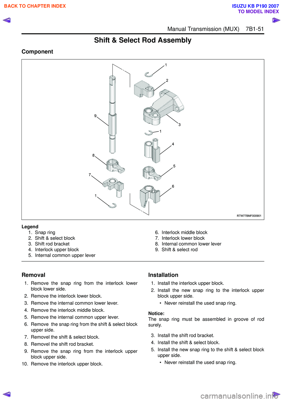 ISUZU KB P190 2007 Workshop Repair Manual Manual Transmission (MUX) 7B1-51
Shift & Select Rod Assembly
Component
Legend1. Snap ring
2. Shift & select block
3. Shift rod bracket
4. Interlock upper block
5. Internal common upper lever 6. I ISUZU KB P190 2007 Workshop Repair Manual Manual Transmission (MUX) 7B1-51
Shift & Select Rod Assembly
Component
Legend1. Snap ring
2. Shift & select block
3. Shift rod bracket
4. Interlock upper block
5. Internal common upper lever 6. I