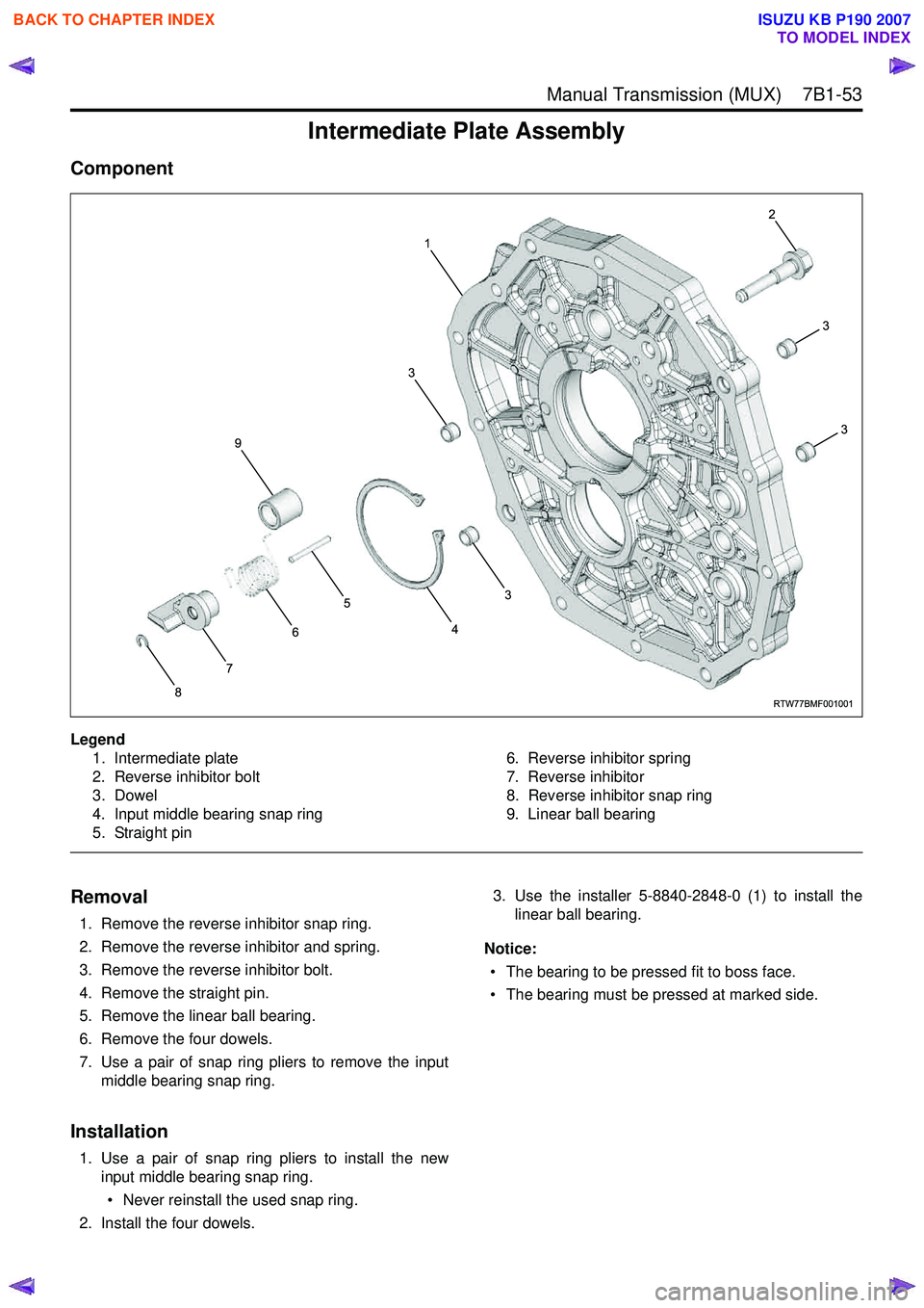 ISUZU KB P190 2007 Workshop Repair Manual Manual Transmission (MUX) 7B1-53
Intermediate Plate Assembly
Component
Legend1. Intermediate plate
2. Reverse inhibitor bolt
3. Dowel
4. Input middle bearing snap ring
5. Straight pin 6. Reverse ISUZU KB P190 2007 Workshop Repair Manual Manual Transmission (MUX) 7B1-53
Intermediate Plate Assembly
Component
Legend1. Intermediate plate
2. Reverse inhibitor bolt
3. Dowel
4. Input middle bearing snap ring
5. Straight pin 6. Reverse