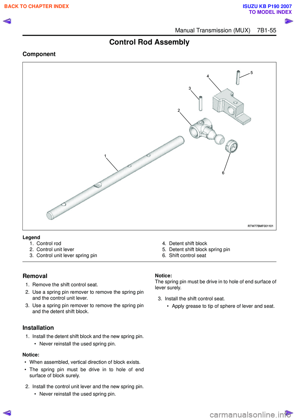 ISUZU KB P190 2007 Workshop Repair Manual Manual Transmission (MUX) 7B1-55
Control Rod Assembly
Component
Legend1. Control rod
2. Control unit lever
3. Control unit lever spring pin 4. Detent shift block
5. Detent shift block spring pin
ISUZU KB P190 2007 Workshop Repair Manual Manual Transmission (MUX) 7B1-55
Control Rod Assembly
Component
Legend1. Control rod
2. Control unit lever
3. Control unit lever spring pin 4. Detent shift block
5. Detent shift block spring pin