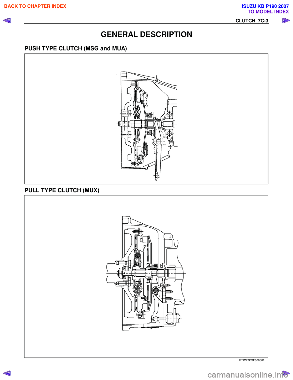 ISUZU KB P190 2007  Workshop Repair Manual CLUTCH  7C-3 
GENERAL DESCRIPTION 
PUSH TYPE CLUTCH (MSG and MUA) 
   
 
   
 
PULL TYPE CLUTCH (MUX) 
 
 RTW 77CSF000601 
 
BACK TO CHAPTER INDEX
TO MODEL INDEX
ISUZU KB P190 2007 