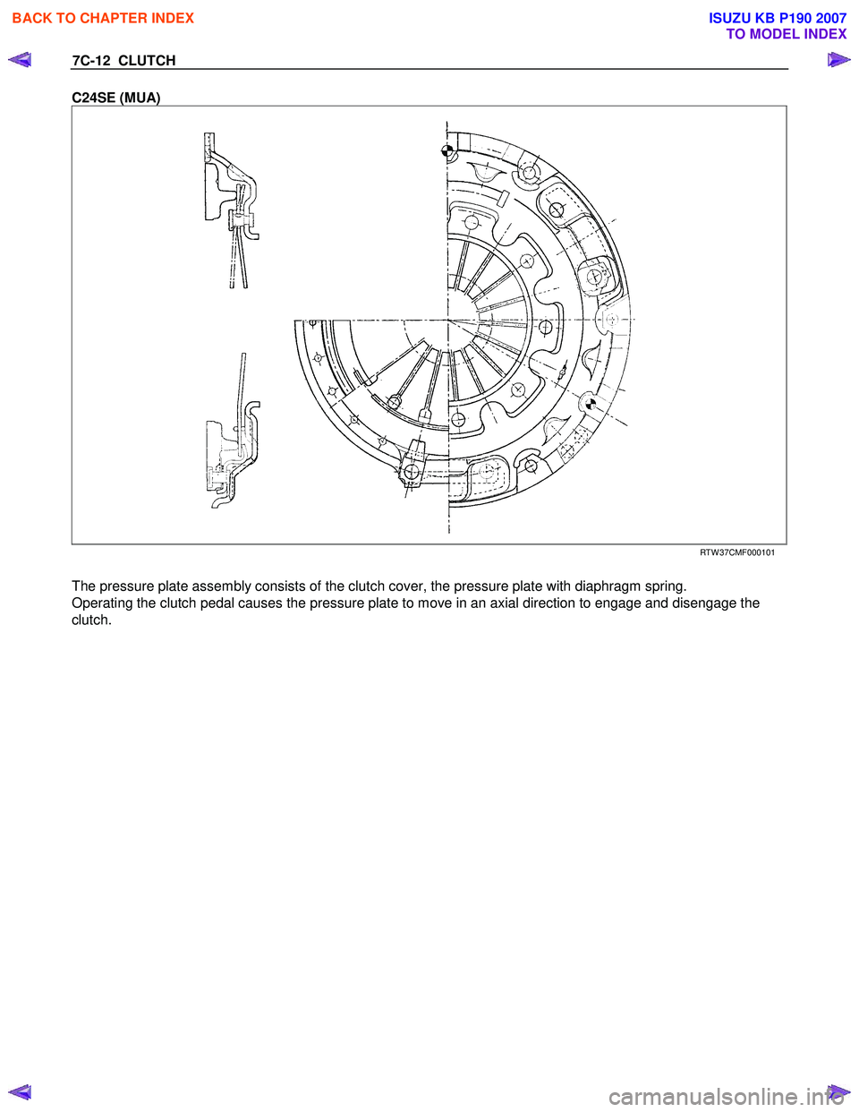 ISUZU KB P190 2007  Workshop Repair Manual 7C-12  CLUTCH 
C24SE (MUA) 
 RTW 37CMF000101 
  
The pressure plate assembly consists of the clutch cover, the pressure plate with diaphragm spring. 
Operating the clutch pedal causes the pressure pla