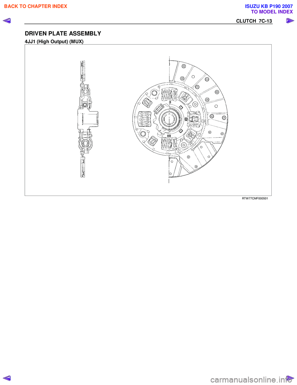 ISUZU KB P190 2007  Workshop Repair Manual CLUTCH  7C-13 
DRIVEN PLATE ASSEMBLY 
4JJ1 (High Output) (MUX) 
 
 RTW 77CMF000501 
 
 
BACK TO CHAPTER INDEX
TO MODEL INDEX
ISUZU KB P190 2007 