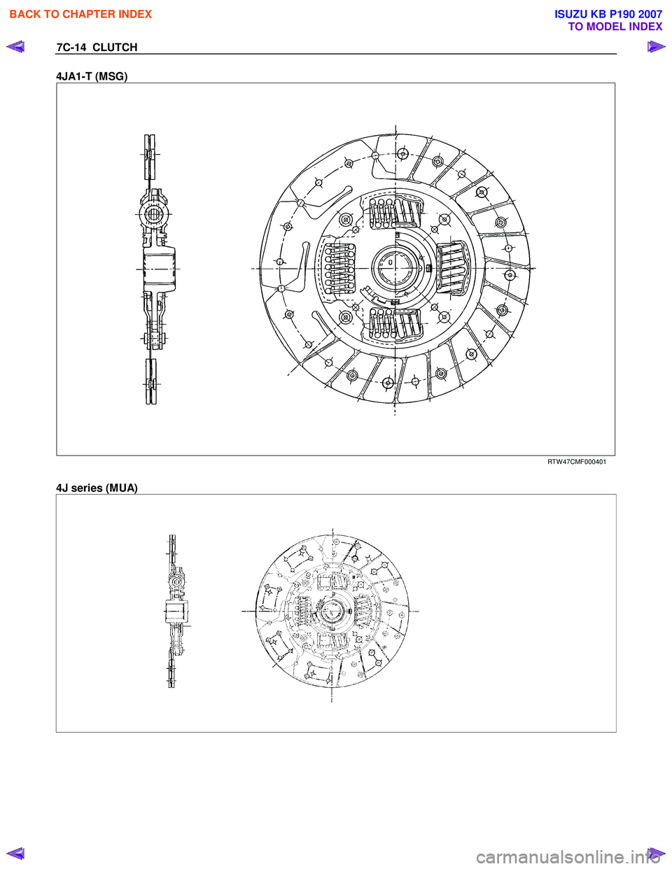 ISUZU KB P190 2007  Workshop Repair Manual 7C-14  CLUTCH 
4JA1-T (MSG)  
 
   
 
RTW 47CMF000401 
 
4J series (MUA) 
  
 
 
 
BACK TO CHAPTER INDEX
TO MODEL INDEX
ISUZU KB P190 2007 
