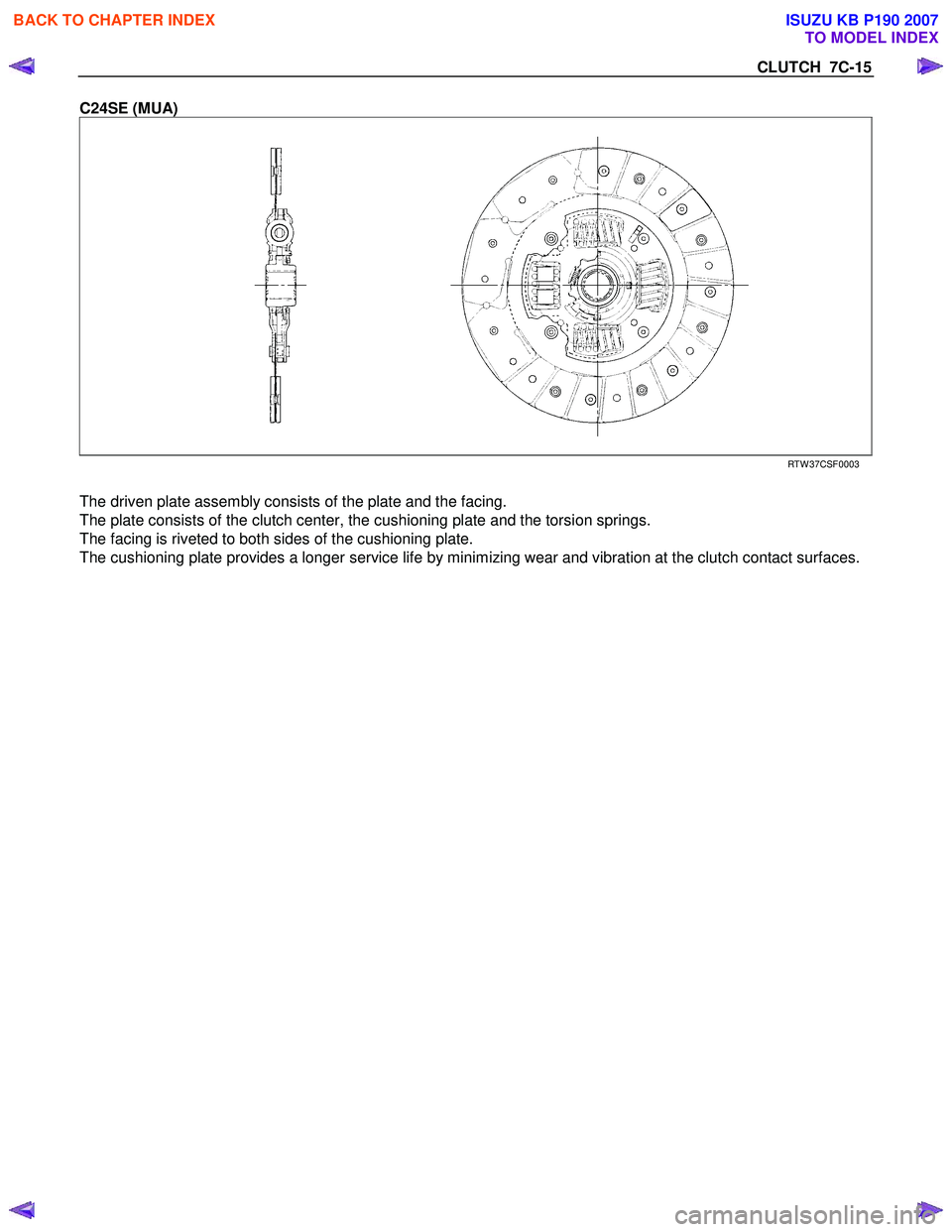 ISUZU KB P190 2007  Workshop Repair Manual CLUTCH  7C-15 
C24SE (MUA) 
 RTW 37CSF0003 
  
The driven plate assembly consists of the plate and the facing. 
The plate consists of the clutch center, the cushioning plate and the torsion springs. 
