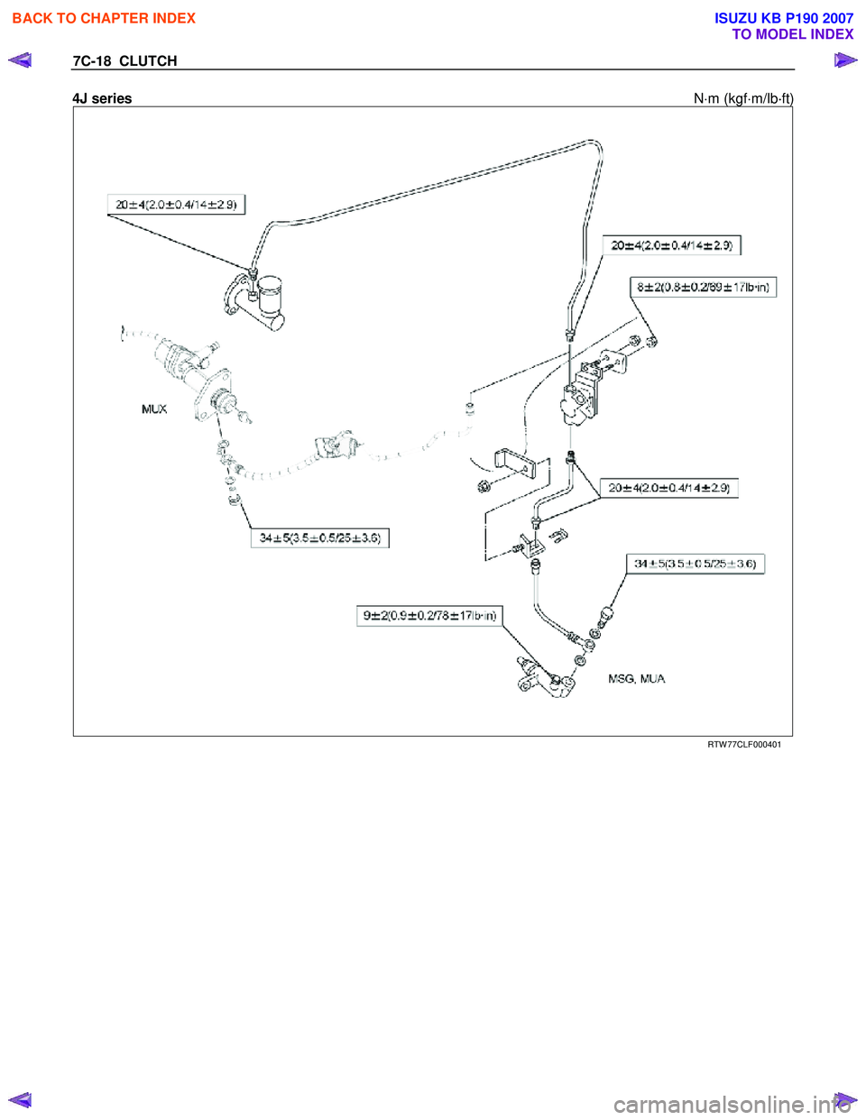 ISUZU KB P190 2007  Workshop Repair Manual 7C-18  CLUTCH 
4J series N⋅m (kgf ⋅m/lb ⋅
⋅⋅ 
⋅
ft)  
   
 
 
 RTW 77CLF000401 
 
BACK TO CHAPTER INDEX
TO MODEL INDEX
ISUZU KB P190 2007 