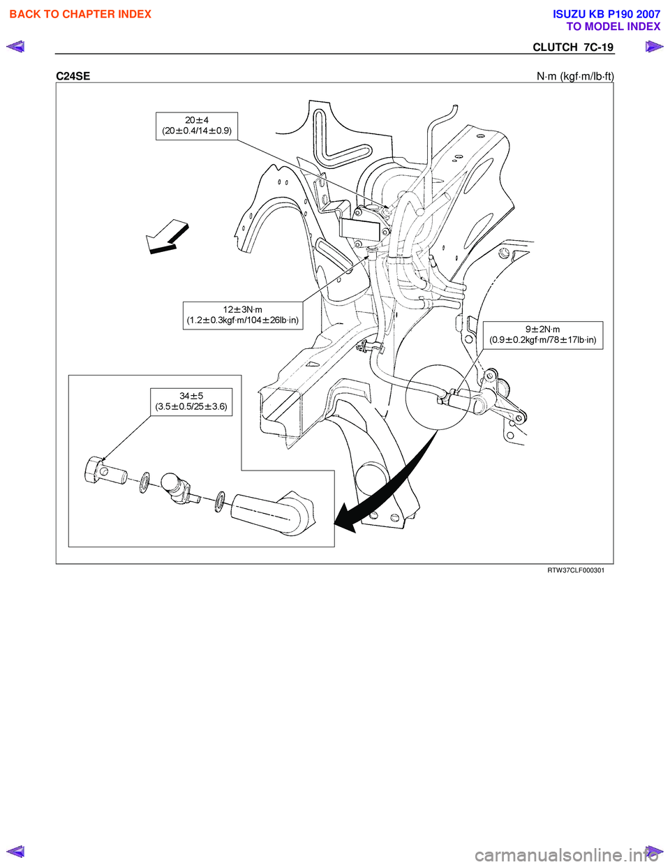 ISUZU KB P190 2007  Workshop Repair Manual CLUTCH  7C-19 
C24SE N⋅m (kgf ⋅m/lb ⋅
⋅⋅ 
⋅
ft)  
 RTW 37CLF000301 
 
 
BACK TO CHAPTER INDEX
TO MODEL INDEX
ISUZU KB P190 2007 