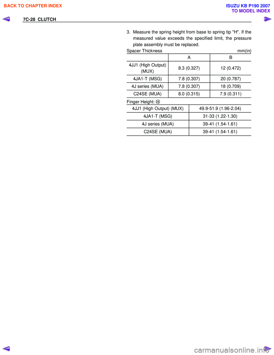 ISUZU KB P190 2007 Workshop Repair Manual 7C-28 CLUTCH
3. Measure the spring height from base to spring tip "H". If the
measured value exceeds the specified limit, the pressure
plate assembly must be replaced.
Spacer Thickness mm(i ISUZU KB P190 2007 Workshop Repair Manual 7C-28 CLUTCH
3. Measure the spring height from base to spring tip "H". If the
measured value exceeds the specified limit, the pressure
plate assembly must be replaced.
Spacer Thickness mm(i