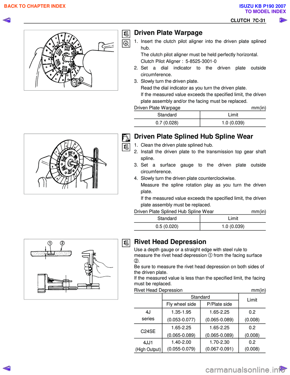 ISUZU KB P190 2007 Workshop Owners Guide CLUTCH 7C-31
Driven Plate Warpage
1. Insert the clutch pilot aligner into the driven plate splinedhub.
The clutch pilot aligner must be held perfectly horizontal.
Clutch Pilot Aligner : ISUZU KB P190 2007 Workshop Owners Guide CLUTCH 7C-31
Driven Plate Warpage
1. Insert the clutch pilot aligner into the driven plate splinedhub.
The clutch pilot aligner must be held perfectly horizontal.
Clutch Pilot Aligner :