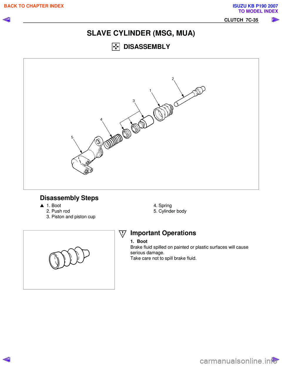 ISUZU KB P190 2007  Workshop Owners Guide CLUTCH  7C-35 
SLAVE CYLINDER (MSG, MUA) 
  DISASSEMBLY 
 
 
 
Disassembly Steps 
  1. Boot 
  2. Push rod  
  3. Piston and piston cup 
   
 
 4. Spring 
  5. Cylinder body 
 
 
 
 
Important Operat
