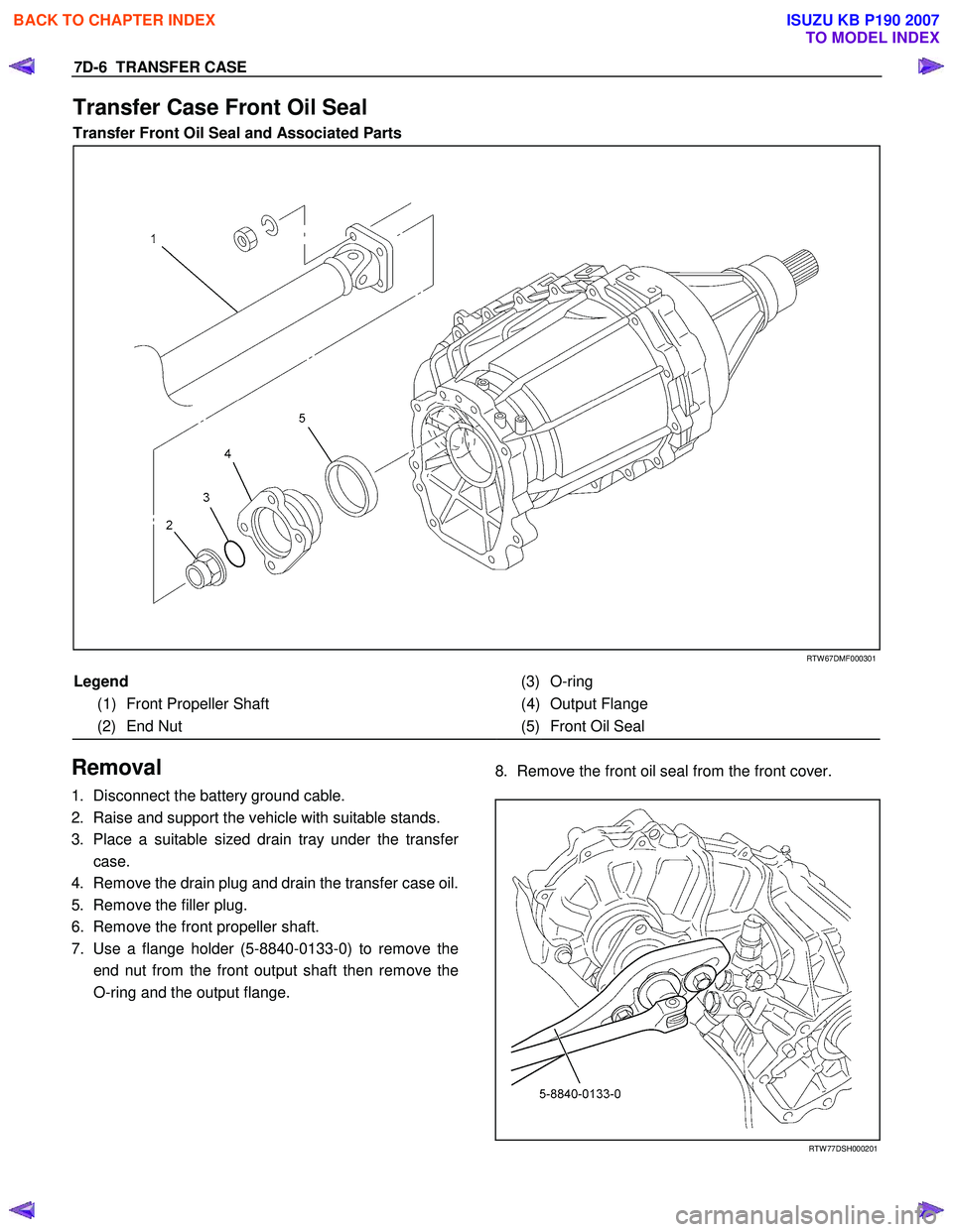 ISUZU KB P190 2007 Workshop Repair Manual 7D-6 TRANSFER CASE
Transfer Case Front Oil Seal
Transfer Front Oil Seal and Associated Parts
RTW 67DMF000301
Legend
(3) O-ring
(1) Front Propeller Shaft (4) Output Flange
(2) End Nut ISUZU KB P190 2007 Workshop Repair Manual 7D-6 TRANSFER CASE
Transfer Case Front Oil Seal
Transfer Front Oil Seal and Associated Parts
RTW 67DMF000301
Legend
(3) O-ring
(1) Front Propeller Shaft (4) Output Flange
(2) End Nut