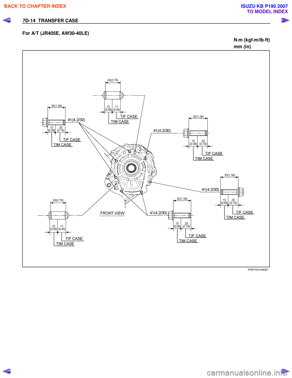 ISUZU KB P190 2007  Workshop Repair Manual 7D-14  TRANSFER CASE 
For A/T (JR405E, AW30-40LE) 
N⋅
⋅⋅ 
⋅
m (kgf ⋅
⋅⋅
⋅
m/lb ⋅
⋅⋅
⋅
ft) 
mm (in)
                
  
 
 
 
 RTW 77DLF000301 
 
BACK TO CHAPTER INDEX
TO MODEL 