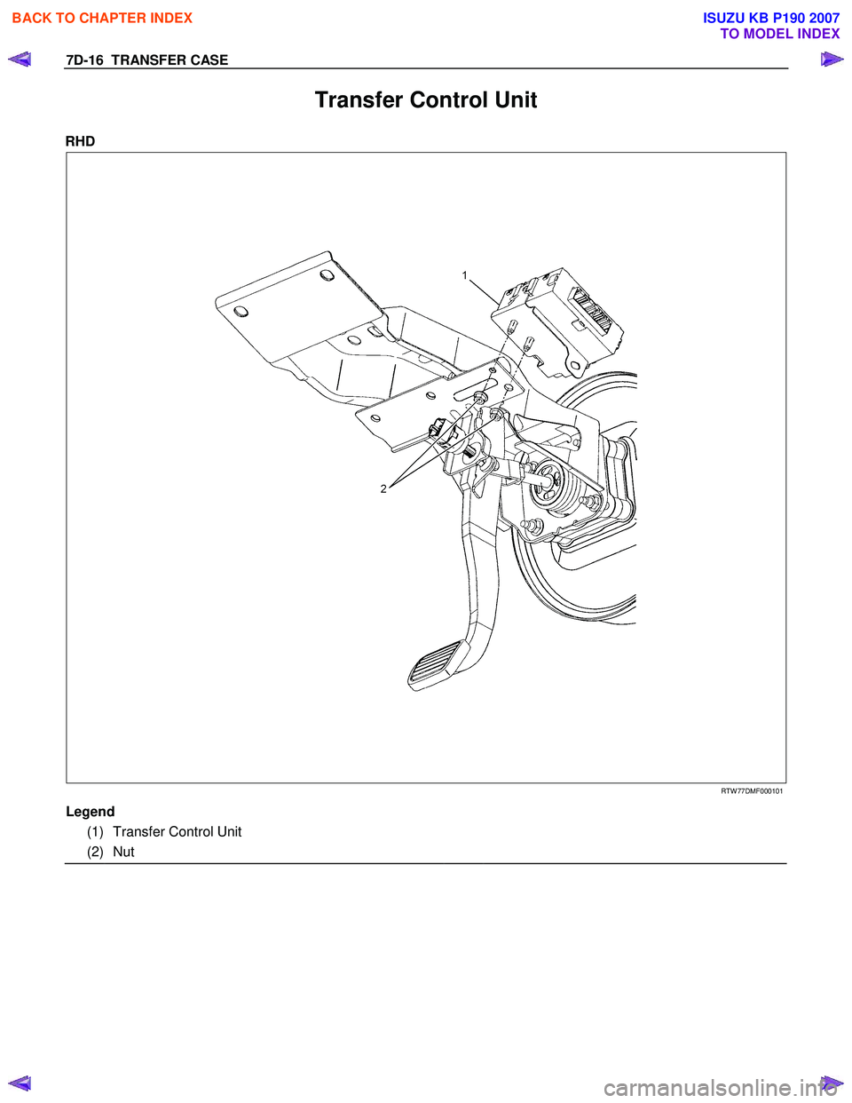 ISUZU KB P190 2007  Workshop Repair Manual 7D-16  TRANSFER CASE 
Transfer Control Unit 
RHD  
 
  
 
 
 
 
 
 
 
RTW 77DMF000101 
Legend 
  
(1) Transfer Control Unit  
  
(2) Nut  
  
 
 
BACK TO CHAPTER INDEX
TO MODEL INDEX
ISUZU KB P190 200