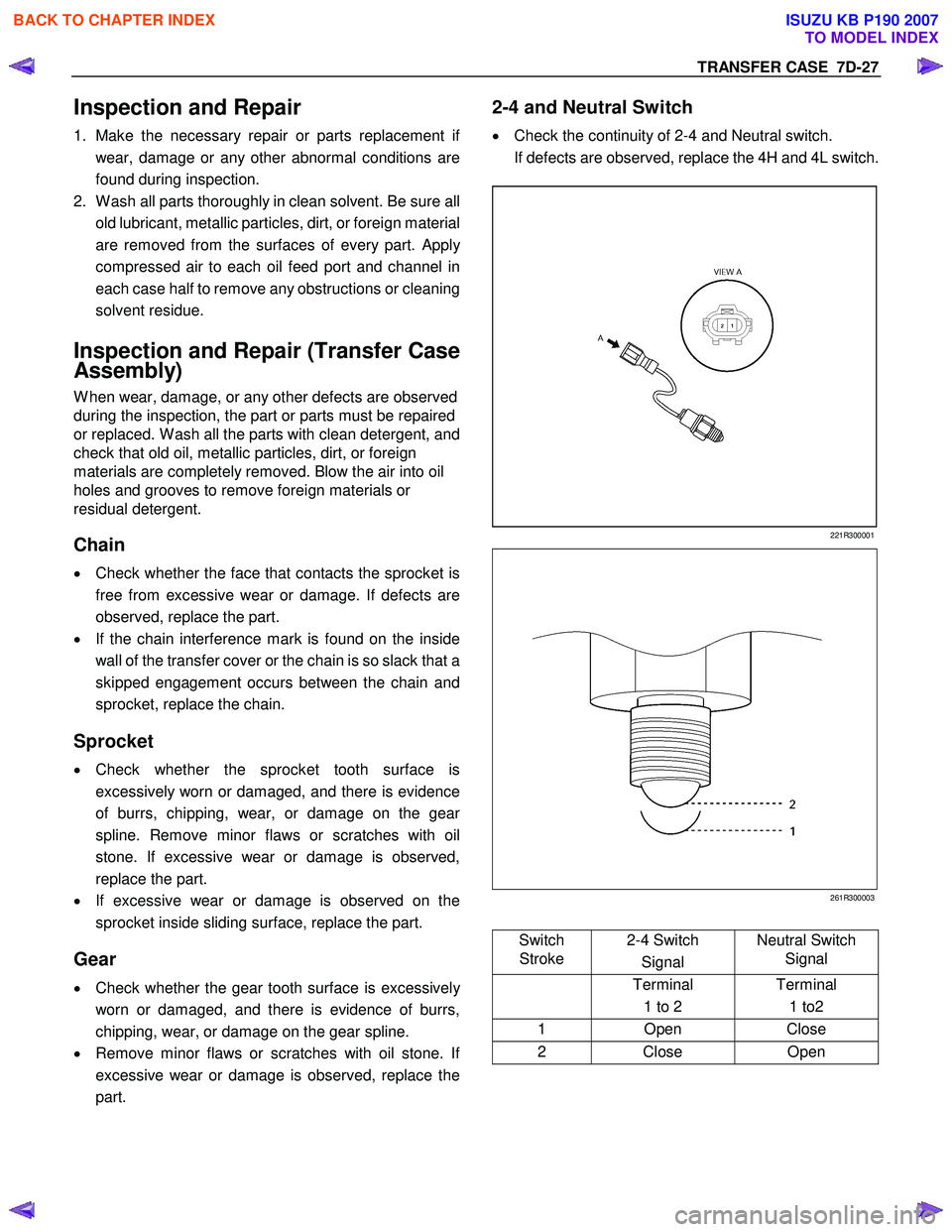 ISUZU KB P190 2007 Workshop Repair Manual TRANSFER CASE 7D-27
Inspection and Repair
1. Make the necessary repair or parts replacement if
wear, damage or any other abnormal conditions are
found during inspection.
2. W ash all parts tho ISUZU KB P190 2007 Workshop Repair Manual TRANSFER CASE 7D-27
Inspection and Repair
1. Make the necessary repair or parts replacement if
wear, damage or any other abnormal conditions are
found during inspection.
2. W ash all parts tho