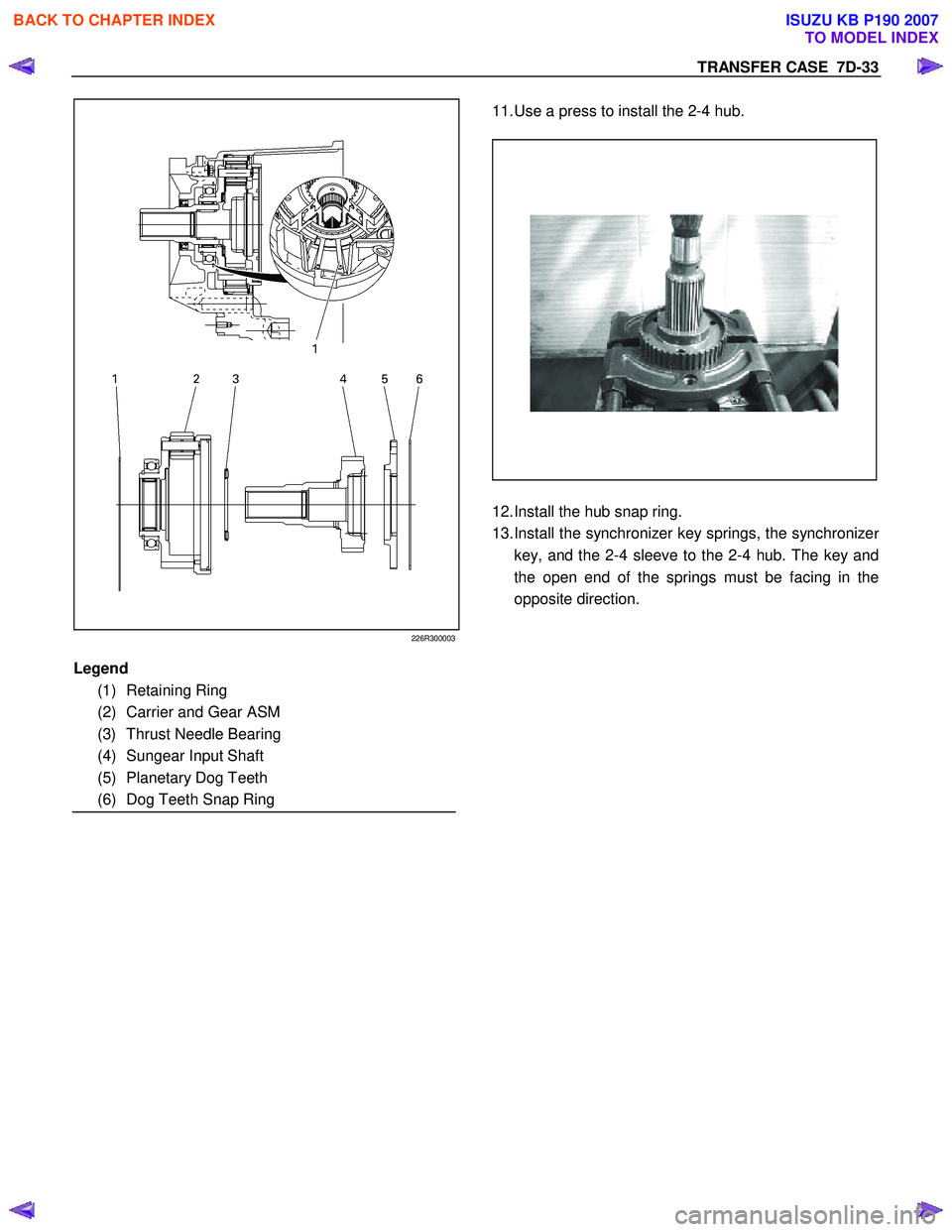 ISUZU KB P190 2007 Workshop Repair Manual TRANSFER CASE 7D-33
226R300003
11. Use a press to install the 2-4 hub.
12. Install the hub snap ring.
13. Install the synchronizer key springs, the synchroniz ISUZU KB P190 2007 Workshop Repair Manual TRANSFER CASE 7D-33
226R300003
11. Use a press to install the 2-4 hub.
12. Install the hub snap ring.
13. Install the synchronizer key springs, the synchroniz