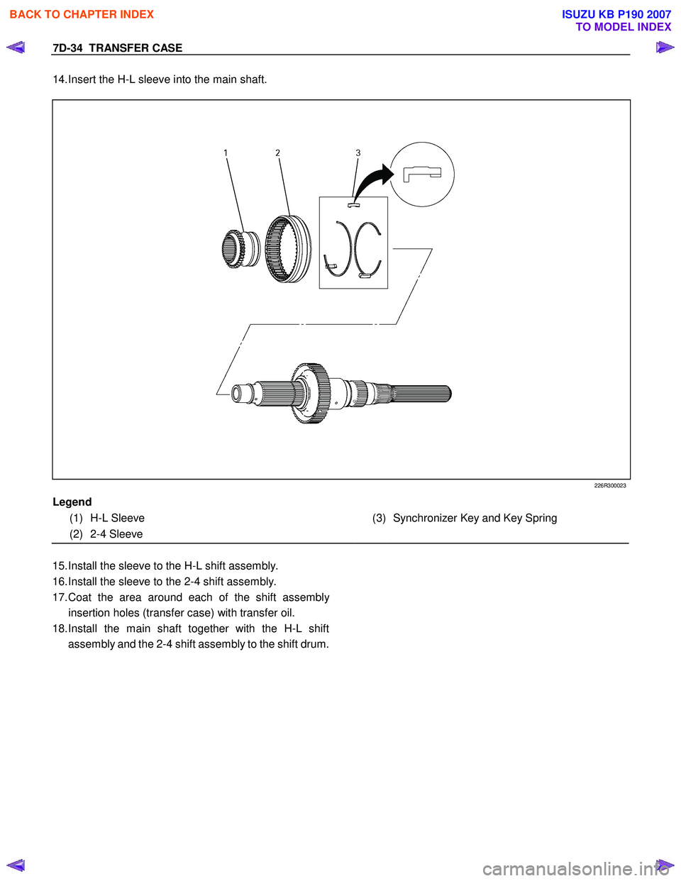 ISUZU KB P190 2007 Workshop Repair Manual 7D-34 TRANSFER CASE
14. Insert the H-L sleeve into the main shaft.
226R300023
Legend
(1) H-L Sleeve
(3) Synchronizer Key and Key Spring
(2) 2-4 Sleeve
15. Install the slee ISUZU KB P190 2007 Workshop Repair Manual 7D-34 TRANSFER CASE
14. Insert the H-L sleeve into the main shaft.
226R300023
Legend
(1) H-L Sleeve
(3) Synchronizer Key and Key Spring
(2) 2-4 Sleeve
15. Install the slee