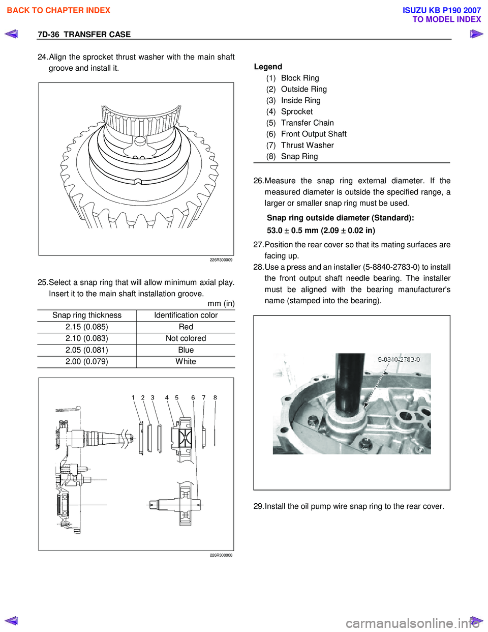 ISUZU KB P190 2007 Workshop Repair Manual 7D-36 TRANSFER CASE
24. Align the sprocket thrust washer with the main shaft
groove and install it.
226R300009
25. Select a snap ring that will allow minimum axial play.
Insert it to the ma ISUZU KB P190 2007 Workshop Repair Manual 7D-36 TRANSFER CASE
24. Align the sprocket thrust washer with the main shaft
groove and install it.
226R300009
25. Select a snap ring that will allow minimum axial play.
Insert it to the ma