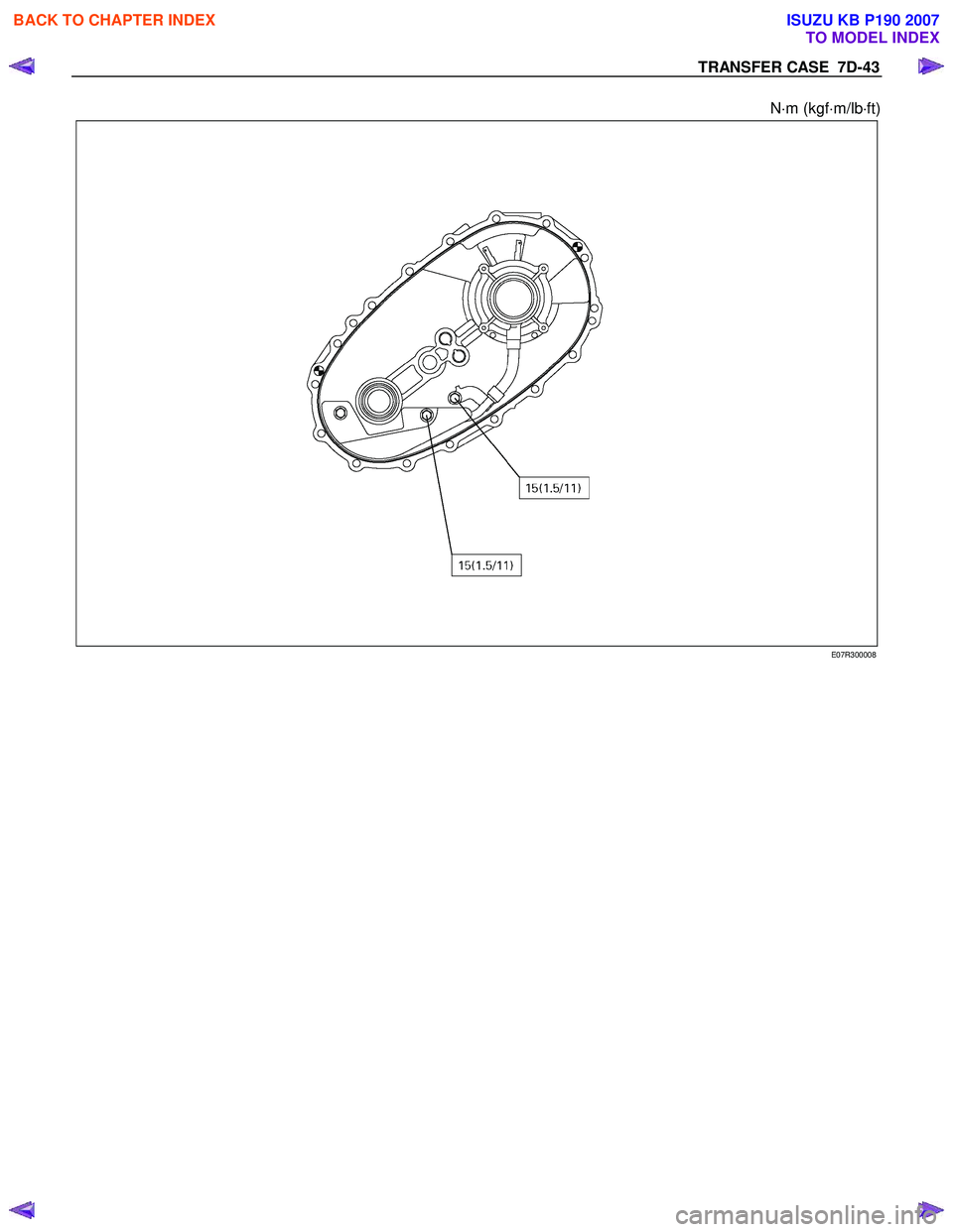 ISUZU KB P190 2007  Workshop Repair Manual TRANSFER CASE  7D-43 
N⋅m (kgf ⋅m/lb ⋅ft)  
 E07R300008 
 
 
BACK TO CHAPTER INDEX
TO MODEL INDEX
ISUZU KB P190 2007 