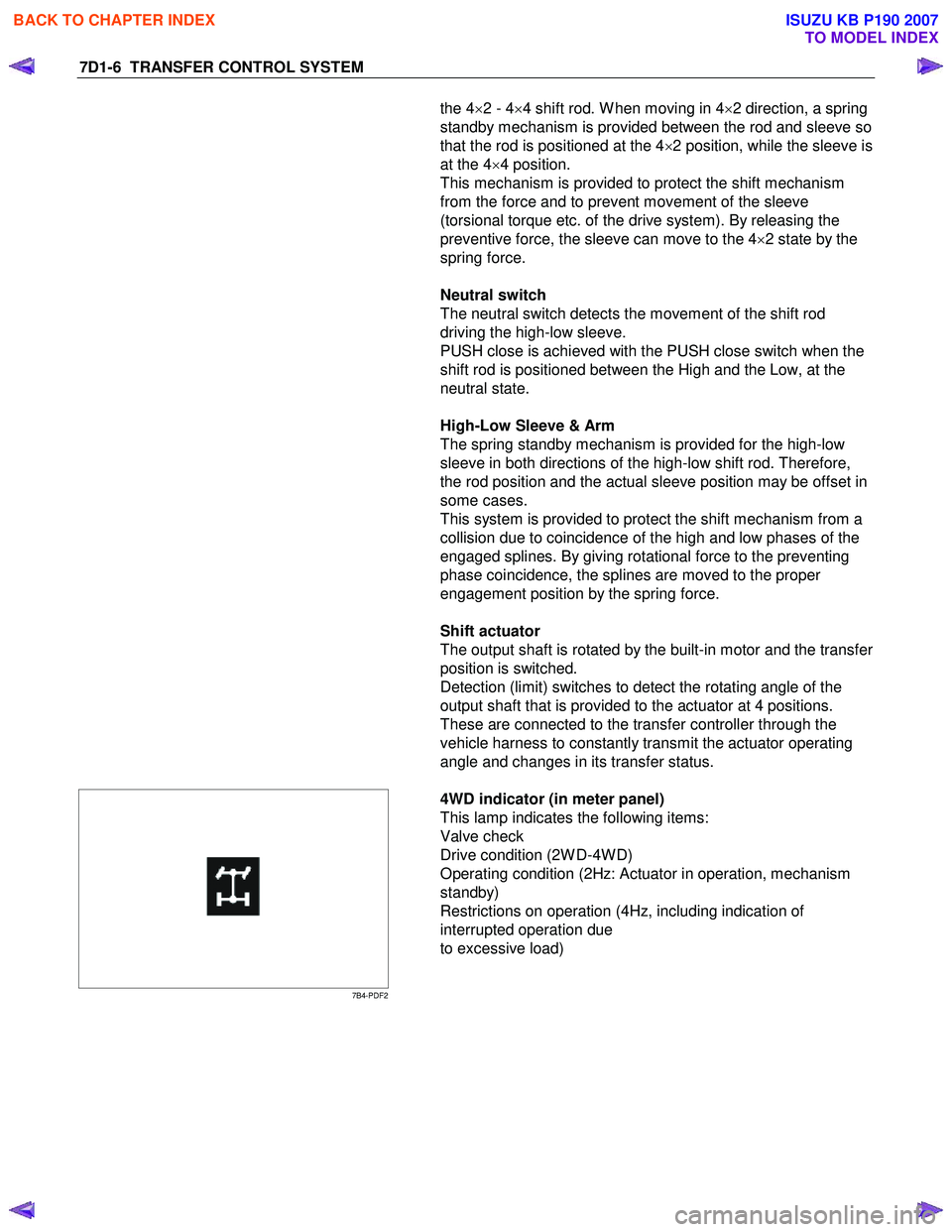 ISUZU KB P190 2007  Workshop Repair Manual 7D1-6  TRANSFER CONTROL SYSTEM 
the 4×2 - 4 ×4 shift rod. W hen moving in 4 ×2 direction, a spring 
standby mechanism is provided between the rod and sleeve so  
that the rod is positioned at the 4