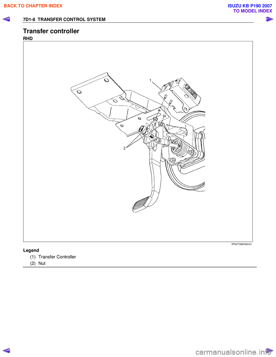 ISUZU KB P190 2007 Workshop Repair Manual 7D1-8 TRANSFER CONTROL SYSTEM
Transfer controller
RHD
RTW 77DMF000101
Legend
(1) Transfer Controller
(2) Nut
BACK TO CHAPTER INDEX
TO MODEL INDEX
ISUZU KB ISUZU KB P190 2007 Workshop Repair Manual 7D1-8 TRANSFER CONTROL SYSTEM
Transfer controller
RHD
RTW 77DMF000101
Legend
(1) Transfer Controller
(2) Nut
BACK TO CHAPTER INDEX
TO MODEL INDEX
ISUZU KB