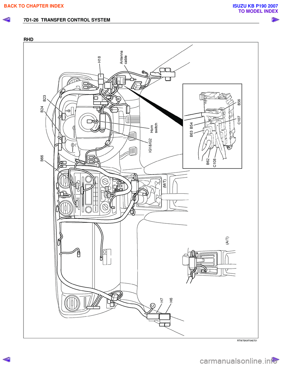 ISUZU KB P190 2007  Workshop Repair Manual 7D1-26  TRANSFER CONTROL SYSTEM 
 
RHD 
 
  RTW 78AXF046701 
 
 
BACK TO CHAPTER INDEX
TO MODEL INDEX
ISUZU KB P190 2007 