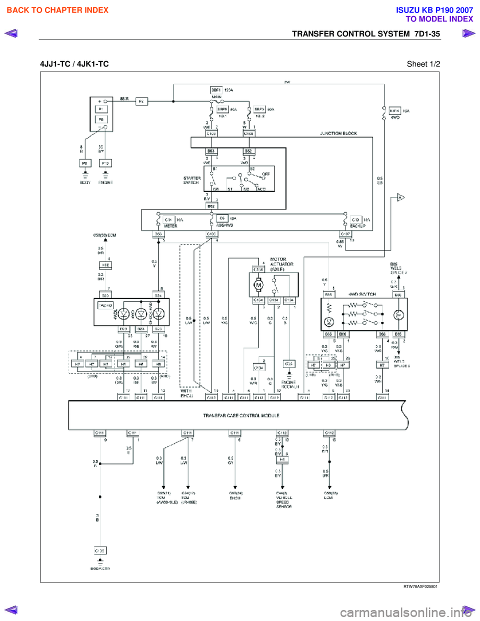 ISUZU KB P190 2007 Workshop Repair Manual TRANSFER CONTROL SYSTEM 7D1-35
4JJ1-TC / 4JK1-TC
Sheet 1/2
RTW 78AXF025801
BACK TO CHAPTER INDEX
TO MODEL INDEX
ISUZU KB P190 2007 ISUZU KB P190 2007 Workshop Repair Manual TRANSFER CONTROL SYSTEM 7D1-35
4JJ1-TC / 4JK1-TC
Sheet 1/2
RTW 78AXF025801
BACK TO CHAPTER INDEX
TO MODEL INDEX
ISUZU KB P190 2007