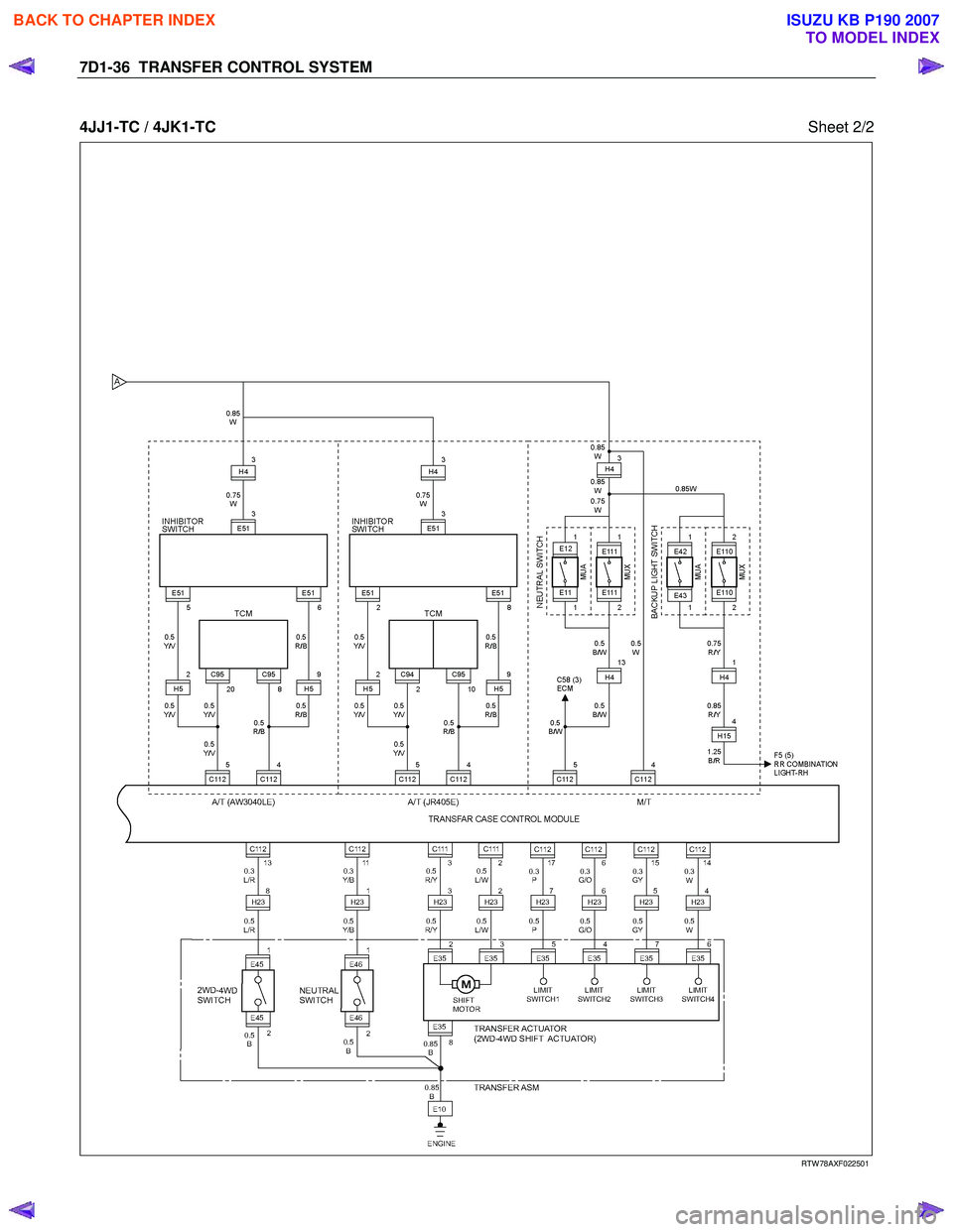 ISUZU KB P190 2007 Workshop Repair Manual 7D1-36 TRANSFER CONTROL SYSTEM
4JJ1-TC / 4JK1-TC
Sheet 2/2
RTW 78AXF022501
BACK TO CHAPTER INDEX
TO MODEL INDEX
ISUZU KB P190 2007 ISUZU KB P190 2007 Workshop Repair Manual 7D1-36 TRANSFER CONTROL SYSTEM
4JJ1-TC / 4JK1-TC
Sheet 2/2
RTW 78AXF022501
BACK TO CHAPTER INDEX
TO MODEL INDEX
ISUZU KB P190 2007