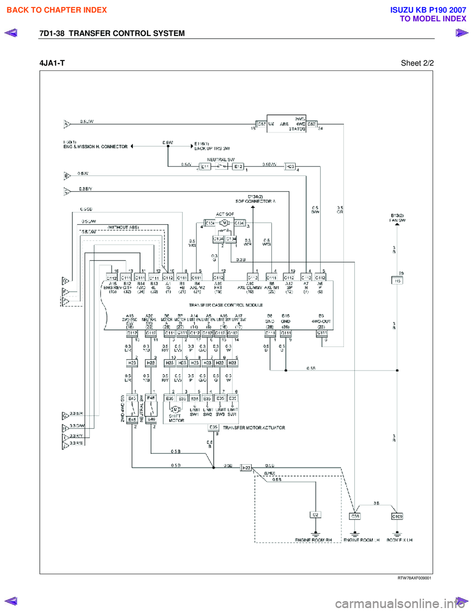 ISUZU KB P190 2007  Workshop Repair Manual 7D1-38  TRANSFER CONTROL SYSTEM 
  
4JA1-T
  Sheet 2/2 
   
 
 
 
 
 
 
 
 
 
RTW 78AXF009001 
 
BACK TO CHAPTER INDEX
TO MODEL INDEX
ISUZU KB P190 2007 