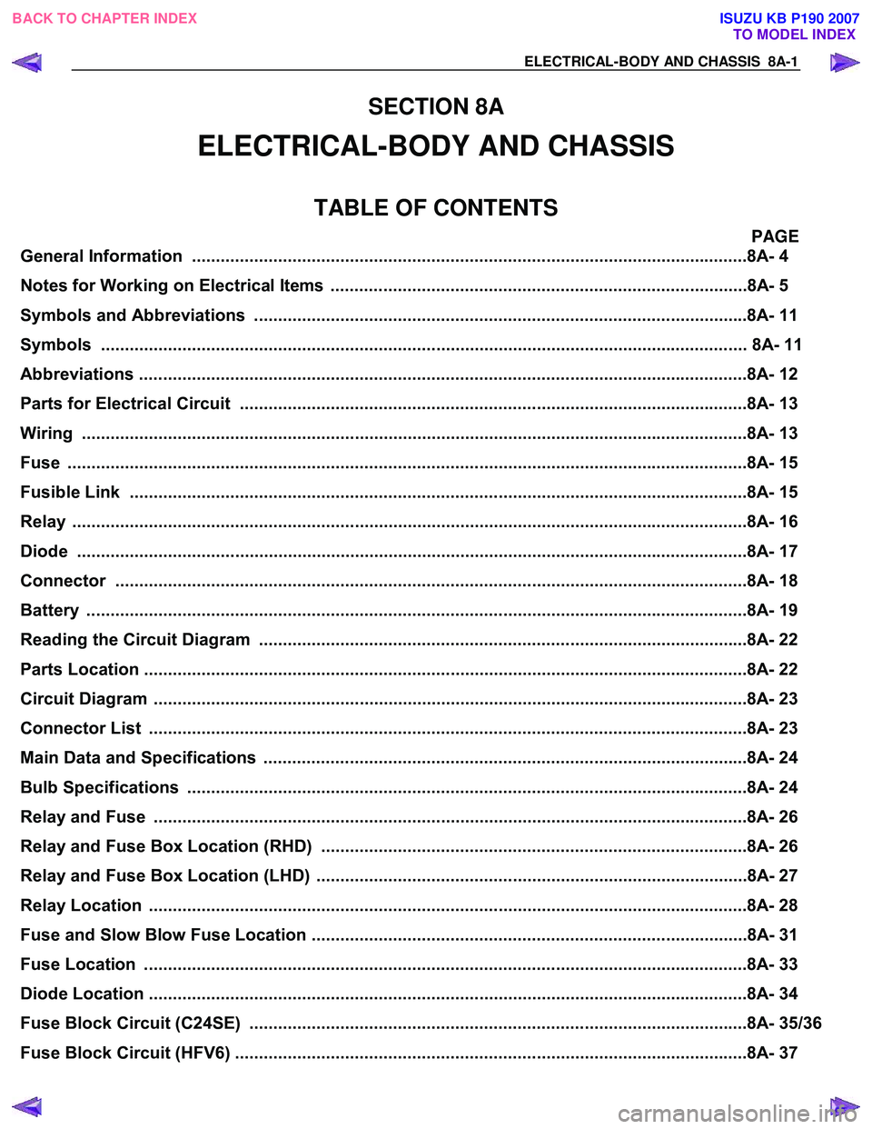 ISUZU KB P190 2007  Workshop Service Manual ELECTRICAL-BODY AND CHASSIS  8A-1 
SECTION 8A 
ELECTRICAL-BODY AND CHASSIS 
TABLE OF CONTENTS 
PAGE 
General Information ...............................................................................