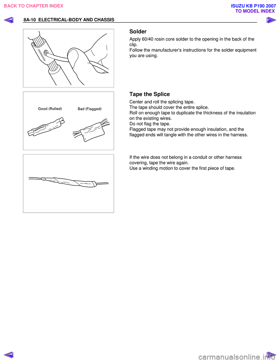 ISUZU KB P190 2007 Workshop Repair Manual 8A-10 ELECTRICAL-BODY AND CHASSIS
Solder
Apply 60/40 rosin core solder to the opening in the back of the
clip.
Follow the manufacturer’s instructions for the solder equipment
you are ISUZU KB P190 2007 Workshop Repair Manual 8A-10 ELECTRICAL-BODY AND CHASSIS
Solder
Apply 60/40 rosin core solder to the opening in the back of the
clip.
Follow the manufacturer’s instructions for the solder equipment
you are