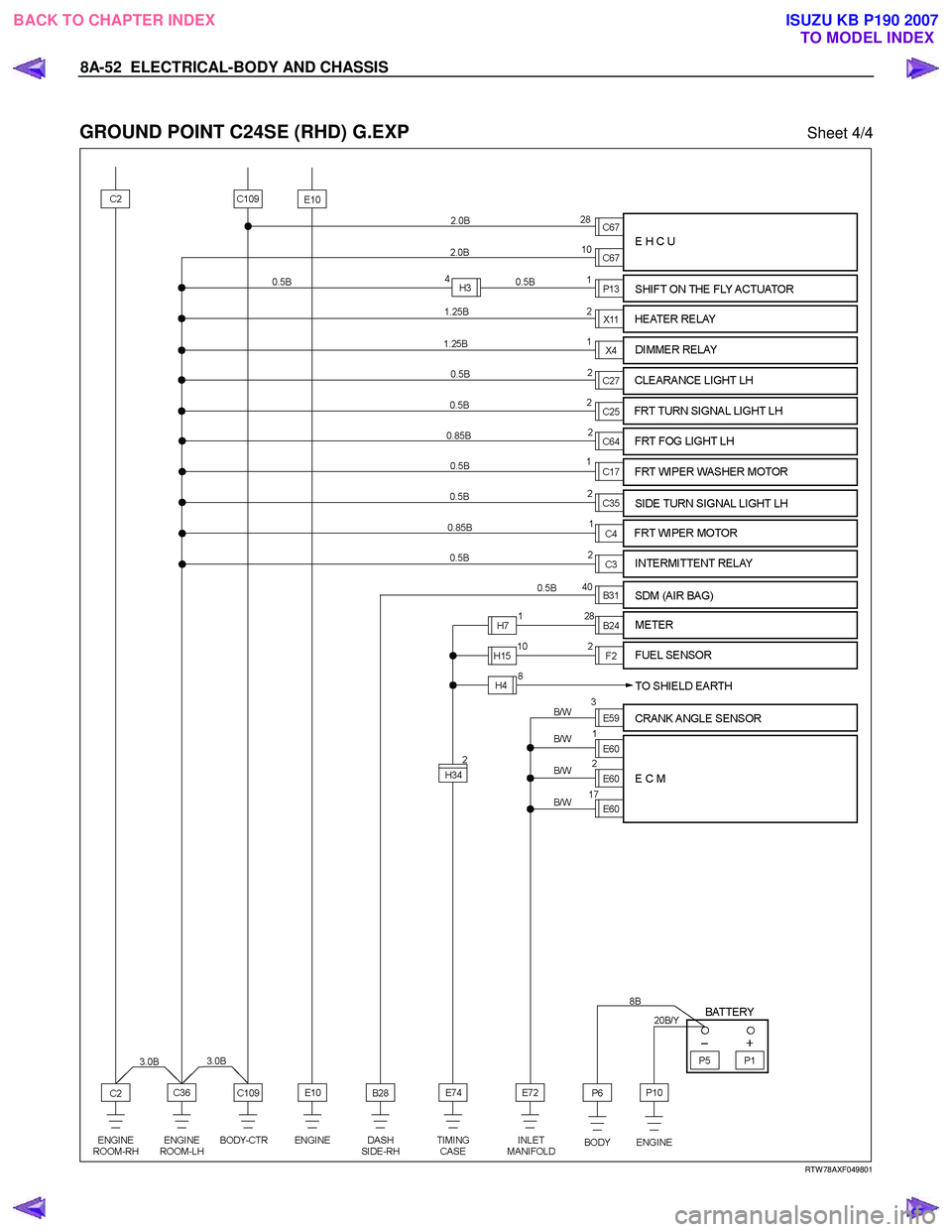 ISUZU KB P190 2007  Workshop Repair Manual 8A-52  ELECTRICAL-BODY AND CHASSIS 
 
GROUND POINT C24SE (RHD) G.EXP  Sheet 4/4 
 
 
 RTW 78AXF049801 
 
BACK TO CHAPTER INDEX TO MODEL INDEXISUZU KB P190 2007 