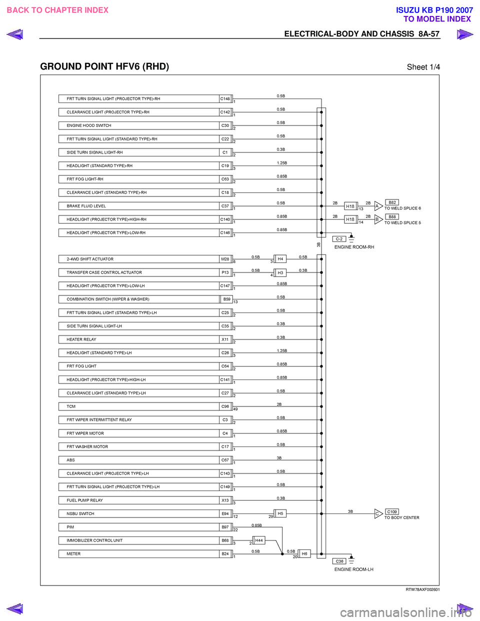 ISUZU KB P190 2007  Workshop Repair Manual ELECTRICAL-BODY AND CHASSIS  8A-57 
 
GROUND POINT HFV6 (RHD) Sheet 1/4 
   
 
 
   
RTW 78AXF002601 
 
BACK TO CHAPTER INDEX
TO MODEL INDEXISUZU KB P190 2007 