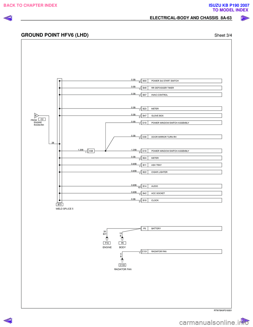 ISUZU KB P190 2007 Workshop Repair Manual ELECTRICAL-BODY AND CHASSIS 8A-63
GROUND POINT HFV6 (LHD) Sheet 3/4
RTW 78AXF016001
BACK TO CHAPTER INDEX TO MODEL INDEXISUZU KB P190 2007 ISUZU KB P190 2007 Workshop Repair Manual ELECTRICAL-BODY AND CHASSIS 8A-63
GROUND POINT HFV6 (LHD) Sheet 3/4
RTW 78AXF016001
BACK TO CHAPTER INDEX TO MODEL INDEXISUZU KB P190 2007