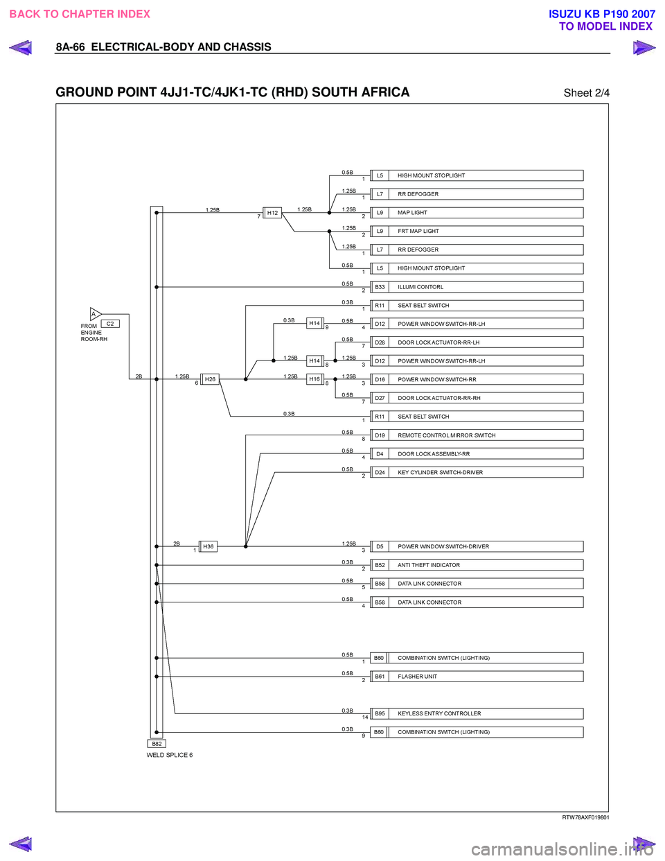 ISUZU KB P190 2007 Workshop Repair Manual 8A-66 ELECTRICAL-BODY AND CHASSIS
GROUND POINT 4JJ1-TC/4JK1-TC (RHD) SOUTH AFRICA Sheet 2/4
RTW 78AXF019801
BACK TO CHAPTER INDEX TO MODEL INDEXISUZU KB P190 2007 ISUZU KB P190 2007 Workshop Repair Manual 8A-66 ELECTRICAL-BODY AND CHASSIS
GROUND POINT 4JJ1-TC/4JK1-TC (RHD) SOUTH AFRICA Sheet 2/4
RTW 78AXF019801
BACK TO CHAPTER INDEX TO MODEL INDEXISUZU KB P190 2007