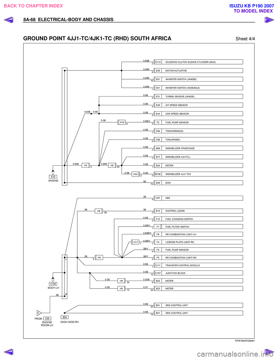 ISUZU KB P190 2007 Workshop Repair Manual 8A-68 ELECTRICAL-BODY AND CHASSIS
GROUND POINT 4JJ1-TC/4JK1-TC (RHD) SOUTH AFRICA Sheet 4/4
RTW 78AXF020001
BACK TO CHAPTER INDEX TO MODEL INDEXISUZU KB P190 2007 ISUZU KB P190 2007 Workshop Repair Manual 8A-68 ELECTRICAL-BODY AND CHASSIS
GROUND POINT 4JJ1-TC/4JK1-TC (RHD) SOUTH AFRICA Sheet 4/4
RTW 78AXF020001
BACK TO CHAPTER INDEX TO MODEL INDEXISUZU KB P190 2007