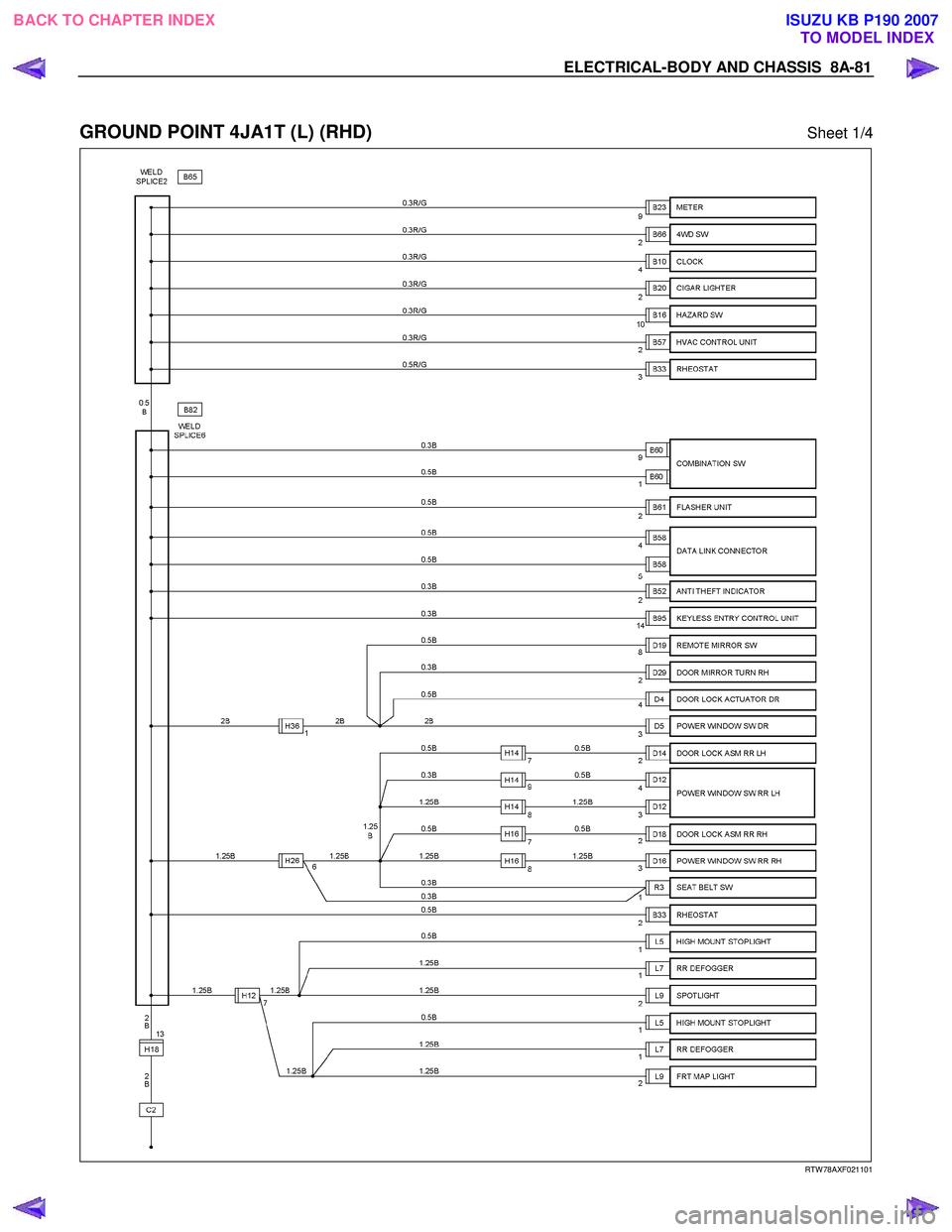 ISUZU KB P190 2007 Workshop Repair Manual ELECTRICAL-BODY AND CHASSIS 8A-81
GROUND POINT 4JA1T (L) (RHD) Sheet 1/4
RTW 78AXF021101
BACK TO CHAPTER INDEX
TO MODEL INDEXISUZU KB P190 2007 ISUZU KB P190 2007 Workshop Repair Manual ELECTRICAL-BODY AND CHASSIS 8A-81
GROUND POINT 4JA1T (L) (RHD) Sheet 1/4
RTW 78AXF021101
BACK TO CHAPTER INDEX
TO MODEL INDEXISUZU KB P190 2007