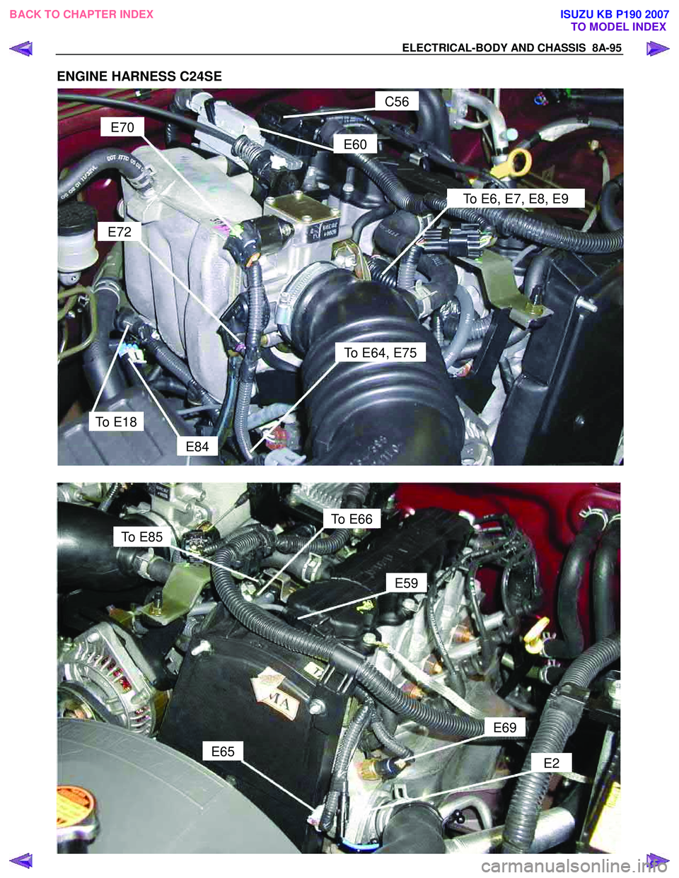 ISUZU KB P190 2007 Workshop Repair Manual ELECTRICAL-BODY AND CHASSIS 8A-95
ENGINE HARNESS C24SE
E70
E72
E60
C56
To E64, E75
To E6, E7, E8, E9
To E18
E84
To E85
E65
E69
E59
E2
To E 6 6
BACK TO CHAPTER INDEXTO MODEL IND ISUZU KB P190 2007 Workshop Repair Manual ELECTRICAL-BODY AND CHASSIS 8A-95
ENGINE HARNESS C24SE
E70
E72
E60
C56
To E64, E75
To E6, E7, E8, E9
To E18
E84
To E85
E65
E69
E59
E2
To E 6 6
BACK TO CHAPTER INDEXTO MODEL IND