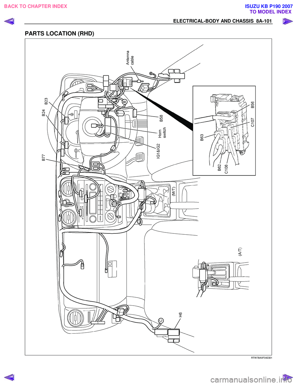 ISUZU KB P190 2007 Workshop Repair Manual ELECTRICAL-BODY AND CHASSIS 8A-101
PARTS LOCATION (RHD)
RTW 78AXF042301
BACK TO CHAPTER INDEX
TO MODEL INDEXISUZU KB P190 2007 ISUZU KB P190 2007 Workshop Repair Manual ELECTRICAL-BODY AND CHASSIS 8A-101
PARTS LOCATION (RHD)
RTW 78AXF042301
BACK TO CHAPTER INDEX
TO MODEL INDEXISUZU KB P190 2007