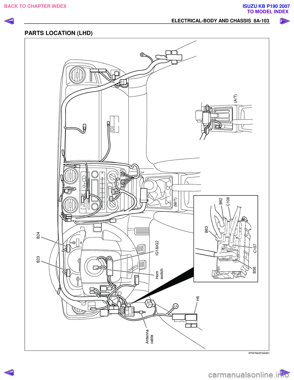 ISUZU KB P190 2007 Workshop Repair Manual ELECTRICAL-BODY AND CHASSIS 8A-103
PARTS LOCATION (LHD)
RTW 78AXF042401
BACK TO CHAPTER INDEX
TO MODEL INDEXISUZU KB P190 2007 ISUZU KB P190 2007 Workshop Repair Manual ELECTRICAL-BODY AND CHASSIS 8A-103
PARTS LOCATION (LHD)
RTW 78AXF042401
BACK TO CHAPTER INDEX
TO MODEL INDEXISUZU KB P190 2007