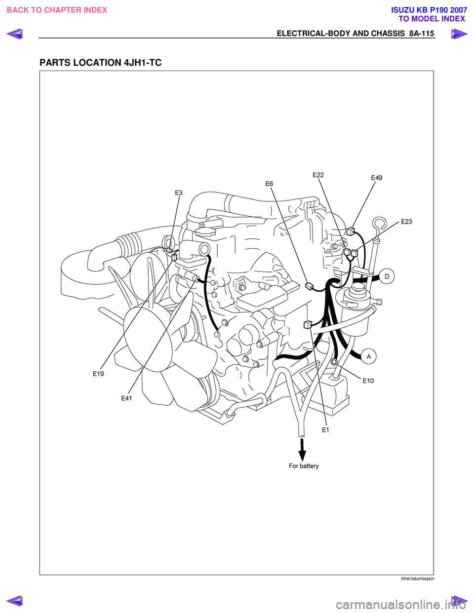 ISUZU KB P190 2007 Workshop Repair Manual ELECTRICAL-BODY AND CHASSIS 8A-115
PARTS LOCATION 4JH1-TC
RTW 78AXF049401
BACK TO CHAPTER INDEX TO MODEL INDEXISUZU KB P190 2007 ISUZU KB P190 2007 Workshop Repair Manual ELECTRICAL-BODY AND CHASSIS 8A-115
PARTS LOCATION 4JH1-TC
RTW 78AXF049401
BACK TO CHAPTER INDEX TO MODEL INDEXISUZU KB P190 2007