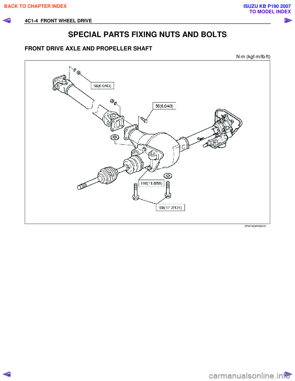 ISUZU KB P190 2007  Workshop User Guide 4C1-4  FRONT WHEEL DRIVE 
SPECIAL PARTS FIXING NUTS AND BOLTS 
FRONT DRIVE AXLE AND PROPELLER SHAFT 
N⋅m (kgf ⋅m/lb ⋅ft) 
 
 
 
 
RTW 74CMF000101 
 
BACK TO CHAPTER INDEX
TO MODEL INDEX
ISUZU KB