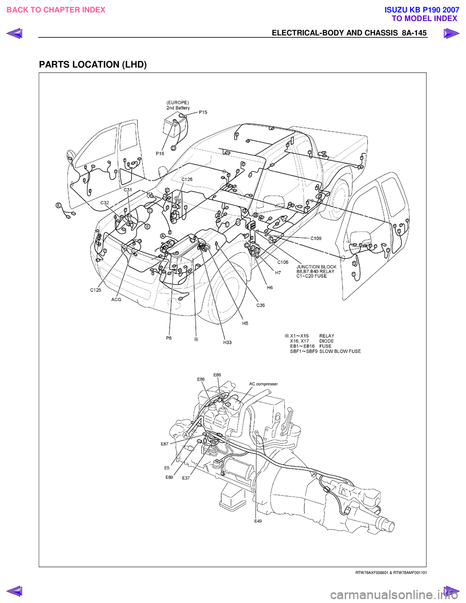 ISUZU KB P190 2007  Workshop Repair Manual ELECTRICAL-BODY AND CHASSIS  8A-145 
  
PARTS LOCATION (LHD) 
   
 
 
 
 
 
 
 
RTW 78AXF036601 & RTW 78AMF001101 
 
BACK TO CHAPTER INDEX TO MODEL INDEXISUZU KB P190 2007 