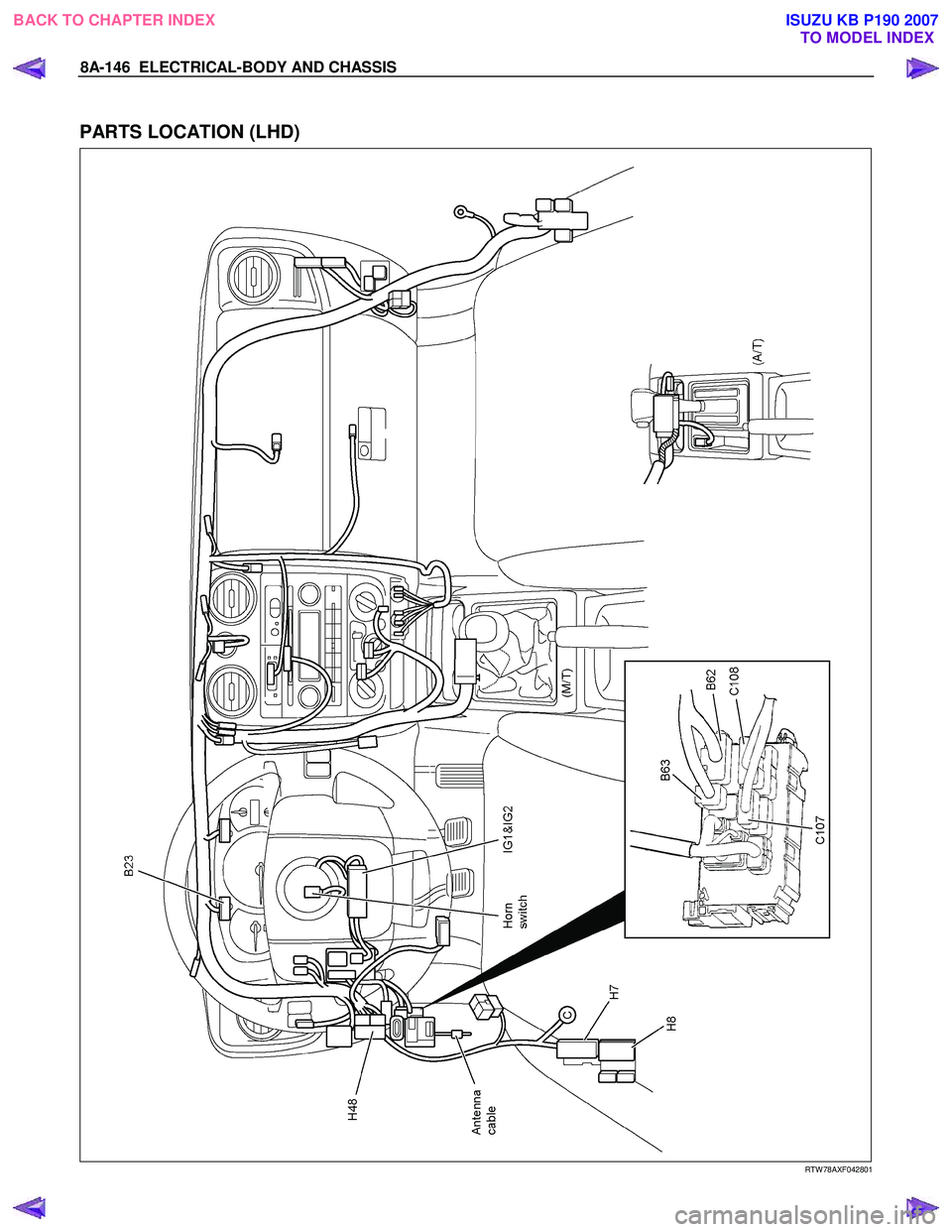 ISUZU KB P190 2007  Workshop Repair Manual 8A-146  ELECTRICAL-BODY AND CHASSIS 
  
PARTS LOCATION (LHD) 
  
   
RTW 78AXF042801 
 
 
BACK TO CHAPTER INDEX
TO MODEL INDEXISUZU KB P190 2007 