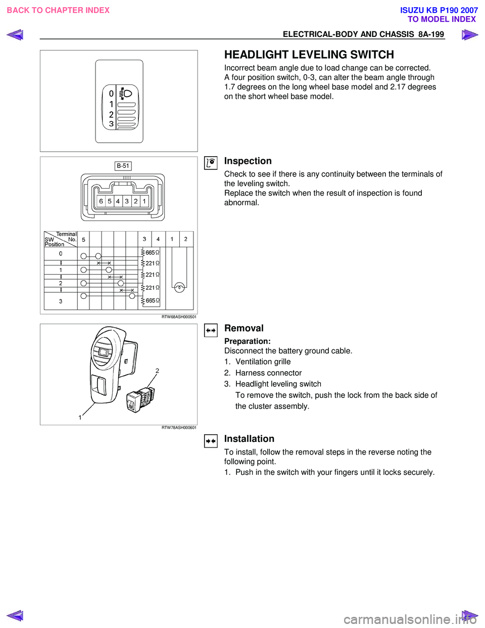 ISUZU KB P190 2007  Workshop Repair Manual ELECTRICAL-BODY AND CHASSIS  8A-199 
 
 HEADLIGHT LEVELING SWITCH 
Incorrect beam angle due to load change can be corrected.  
A four position switch, 0-3, can alter the beam angle through 
1.7 degree