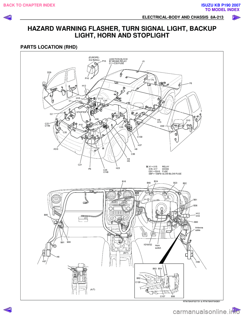 ISUZU KB P190 2007 Workshop Service Manual ELECTRICAL-BODY AND CHASSIS 8A-213
HAZARD WARNING FLASHER, TURN SIGNAL LIGHT, BACKUP LIGHT, HORN AND STOPLIGHT
PARTS LOCATION (RHD)
RTW 78AXF037701 & RTW 78AXF043901
BACK TO CHAPTER I ISUZU KB P190 2007 Workshop Service Manual ELECTRICAL-BODY AND CHASSIS 8A-213
HAZARD WARNING FLASHER, TURN SIGNAL LIGHT, BACKUP LIGHT, HORN AND STOPLIGHT
PARTS LOCATION (RHD)
RTW 78AXF037701 & RTW 78AXF043901
BACK TO CHAPTER I