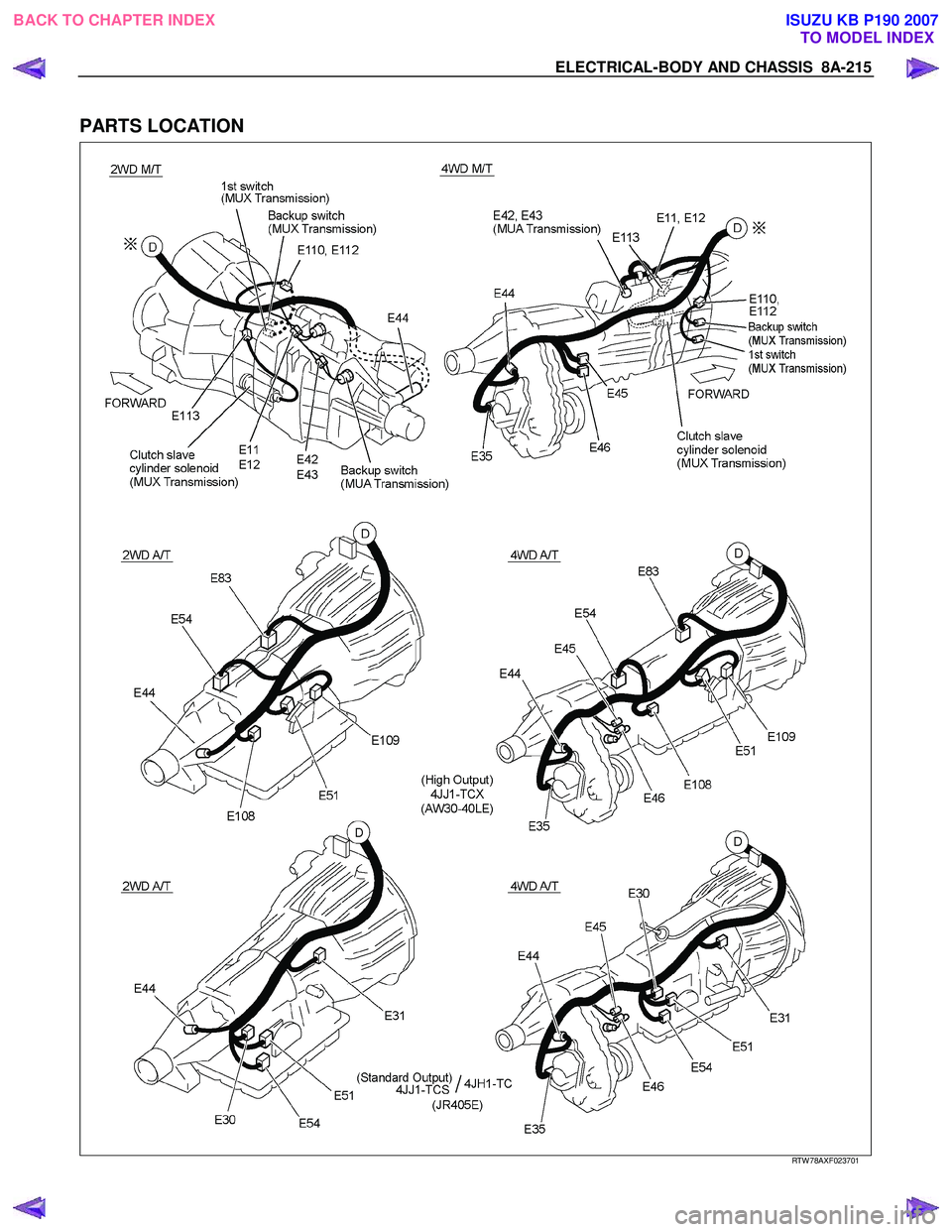 ISUZU KB P190 2007 Workshop Repair Manual ELECTRICAL-BODY AND CHASSIS 8A-215
PARTS LOCATION
RTW 78AXF023701
BACK TO CHAPTER INDEX TO MODEL INDEXISUZU KB P190 2007 ISUZU KB P190 2007 Workshop Repair Manual ELECTRICAL-BODY AND CHASSIS 8A-215
PARTS LOCATION
RTW 78AXF023701
BACK TO CHAPTER INDEX TO MODEL INDEXISUZU KB P190 2007